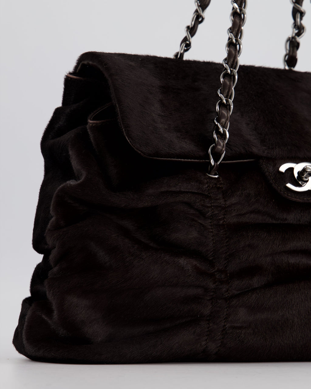 Chanel Dark Brown Pony Hair Ruched Bag with Silver Hardware