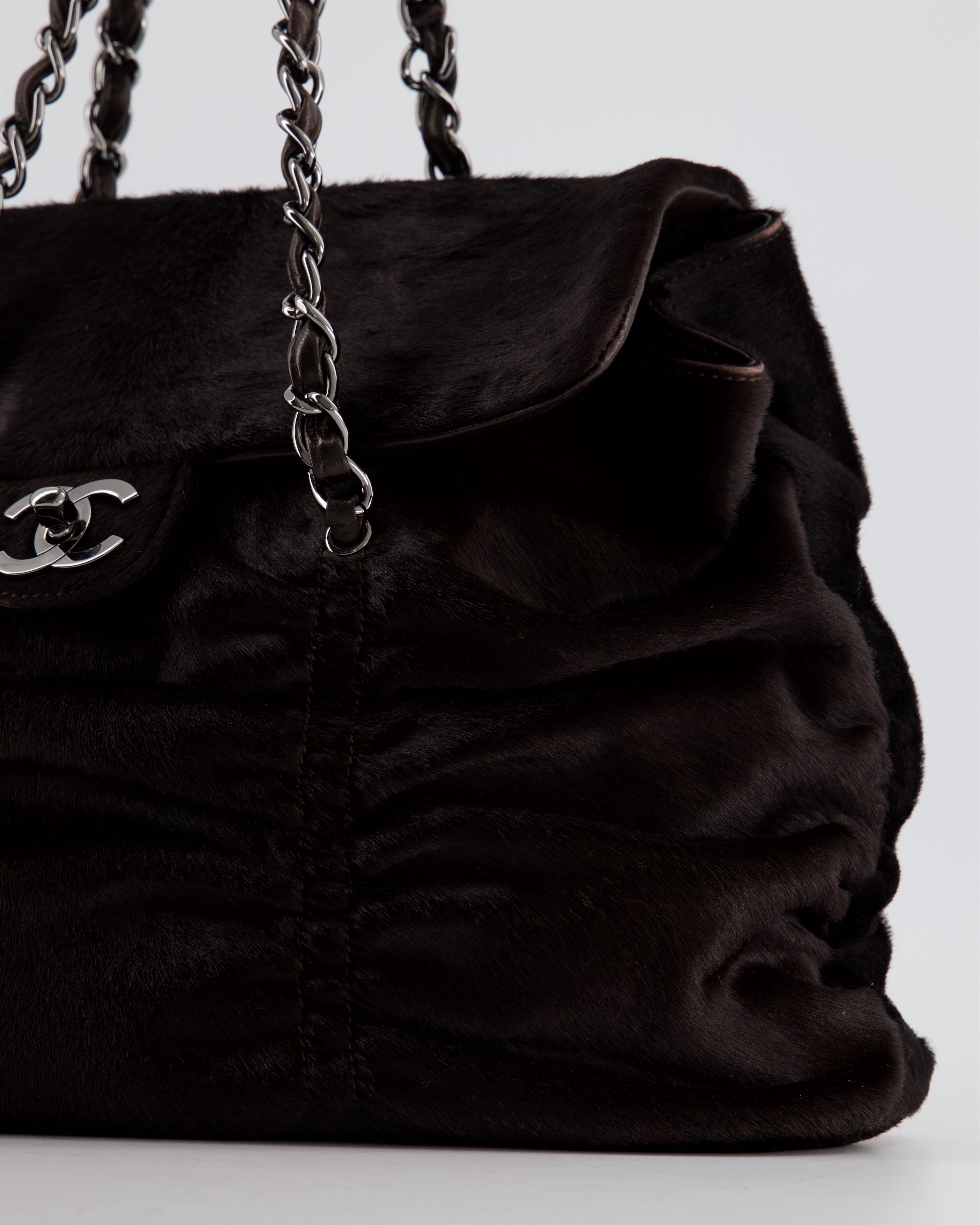 Chanel Dark Brown Pony Hair Ruched Bag with Silver Hardware