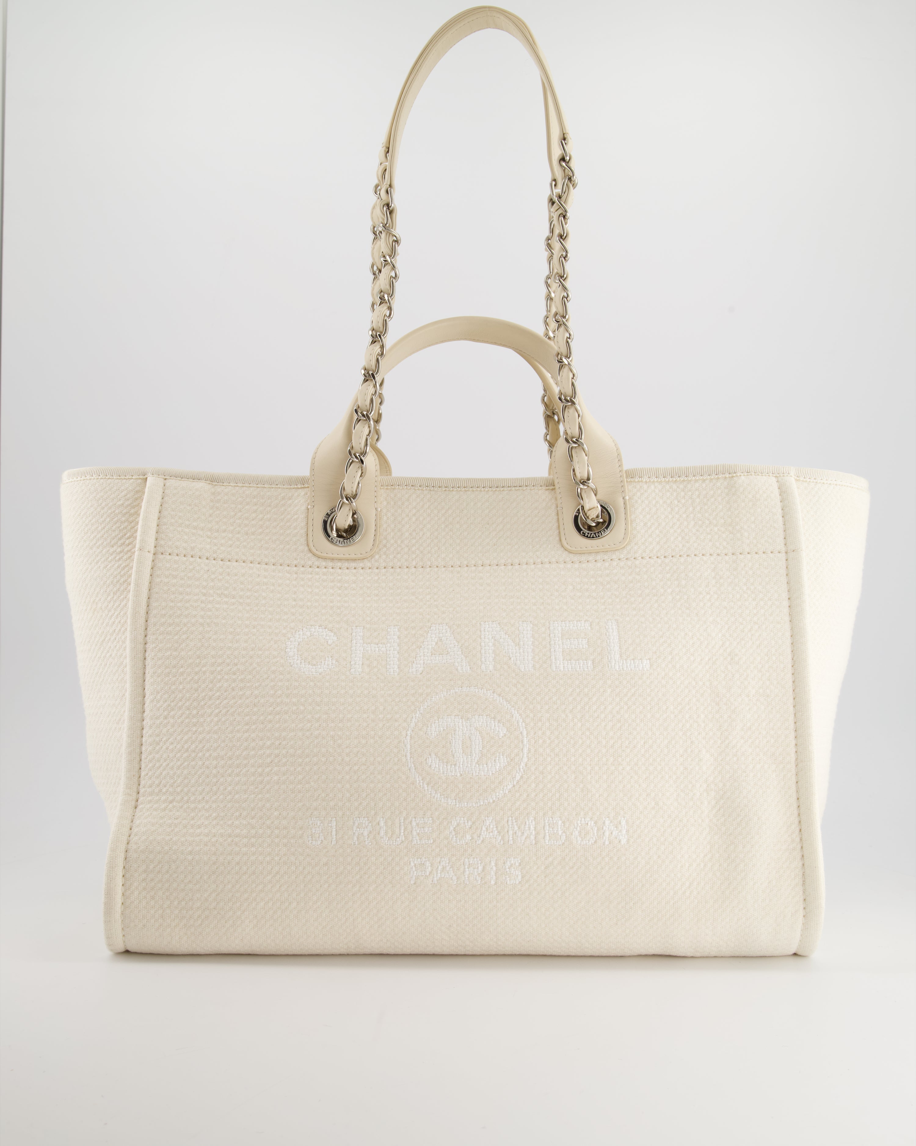 Chanel Large Cream Canvas Deauville Tote Bag with Silver Hardware