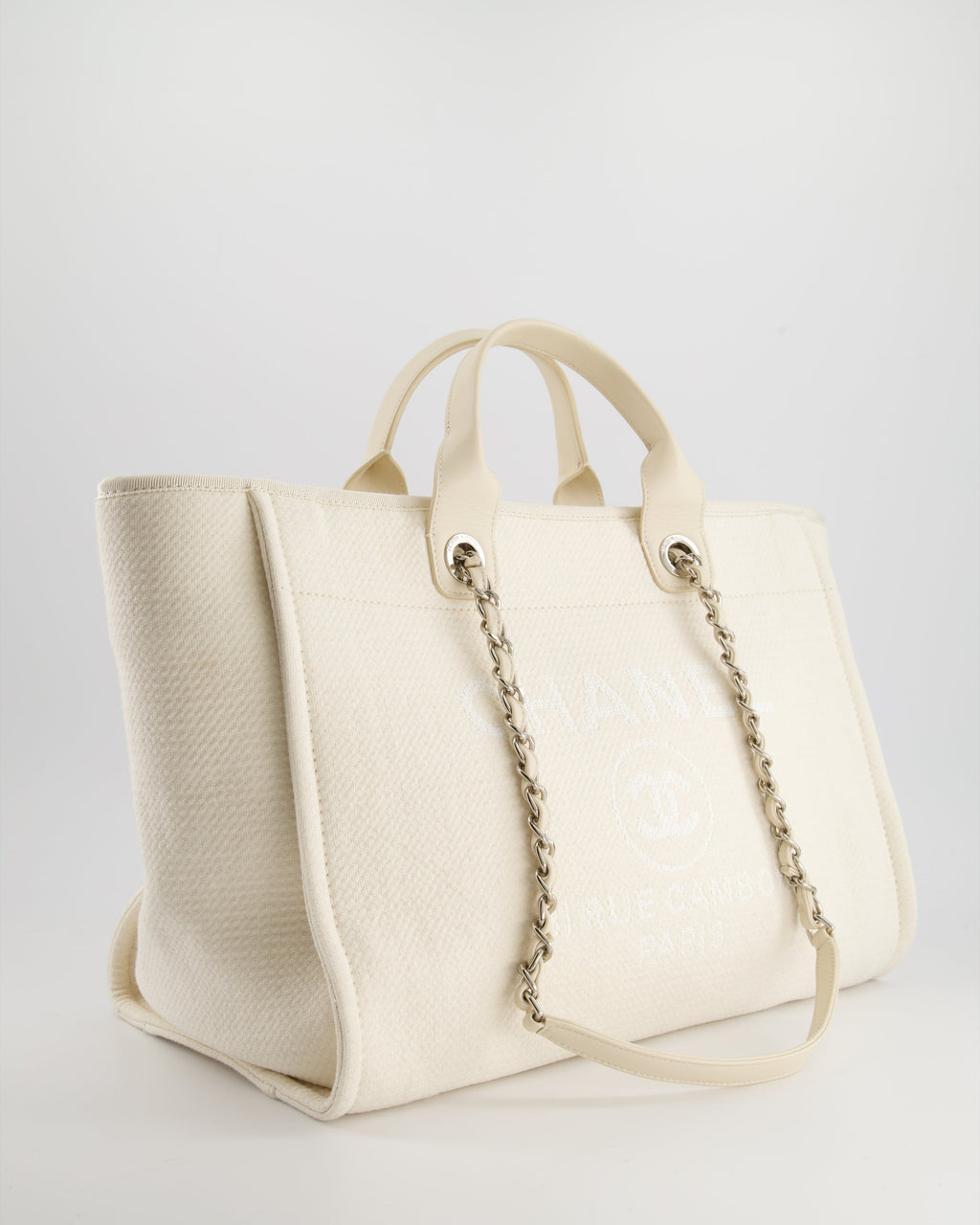 Chanel Large Cream Canvas Deauville Tote Bag with Silver Hardware