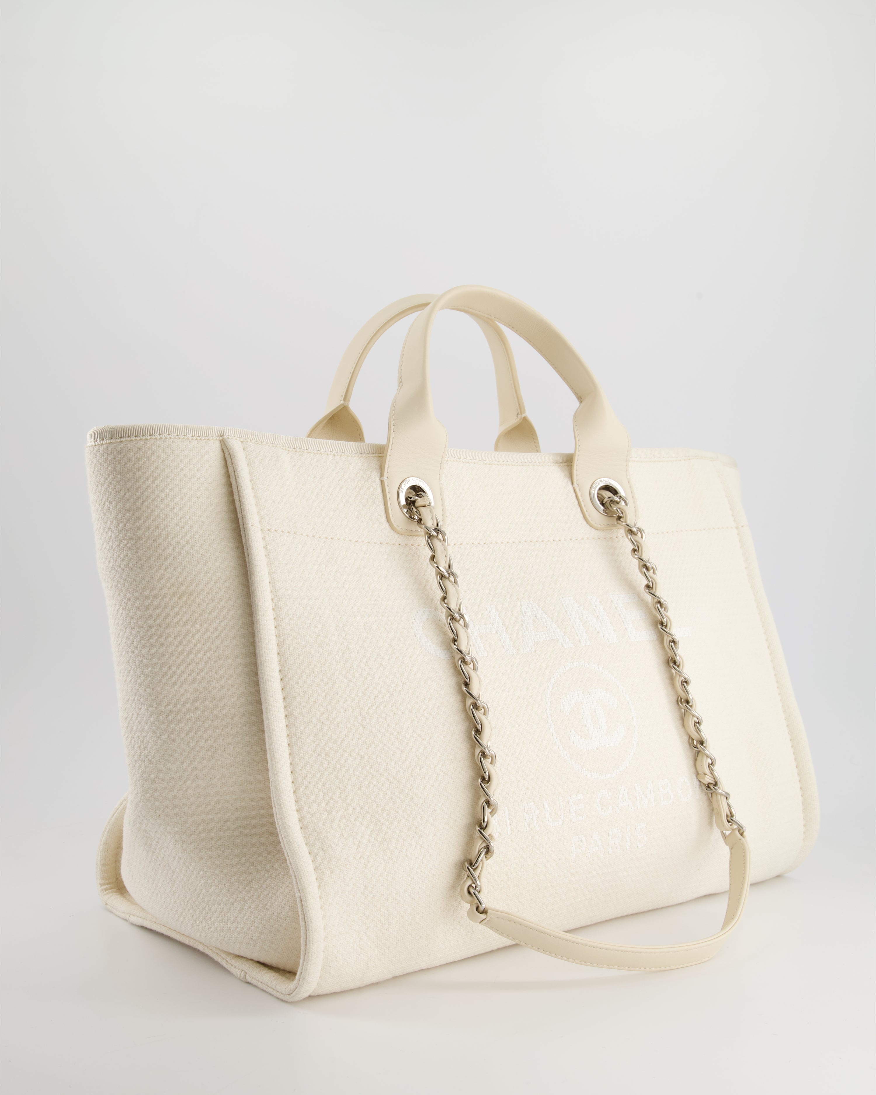 Chanel Large Cream Canvas Deauville Tote Bag with Silver Hardware