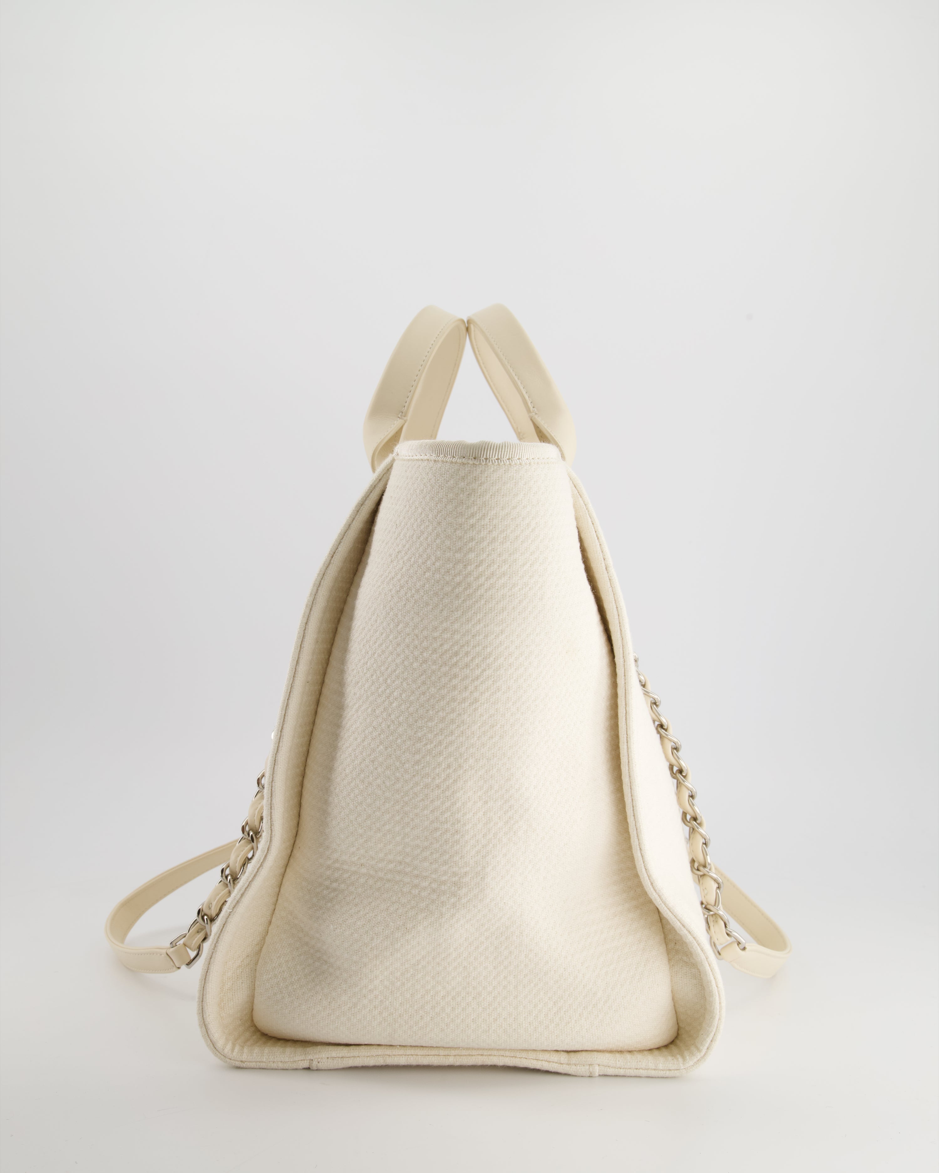 Chanel Large Cream Canvas Deauville Tote Bag with Silver Hardware