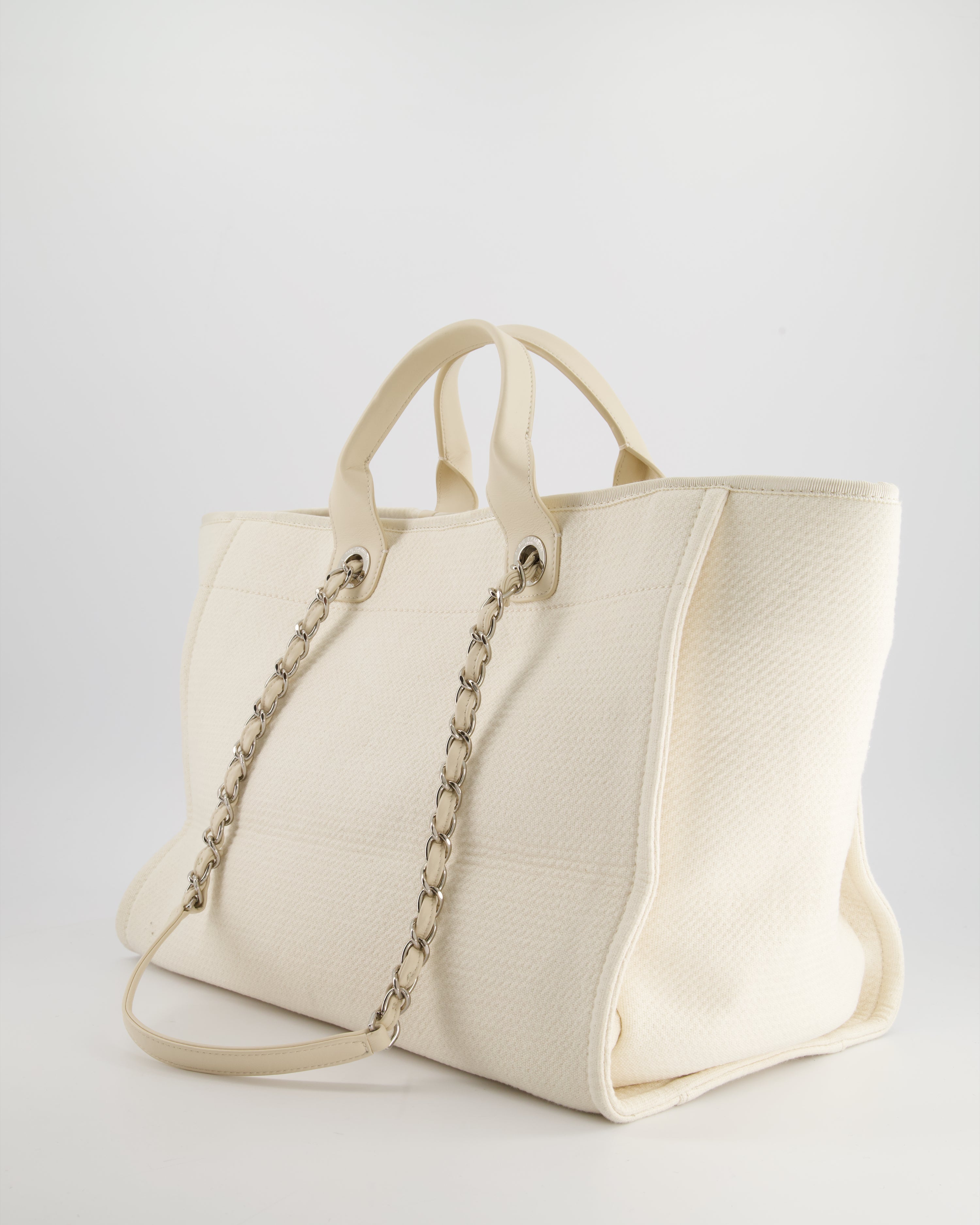 Chanel Large Cream Canvas Deauville Tote Bag with Silver Hardware