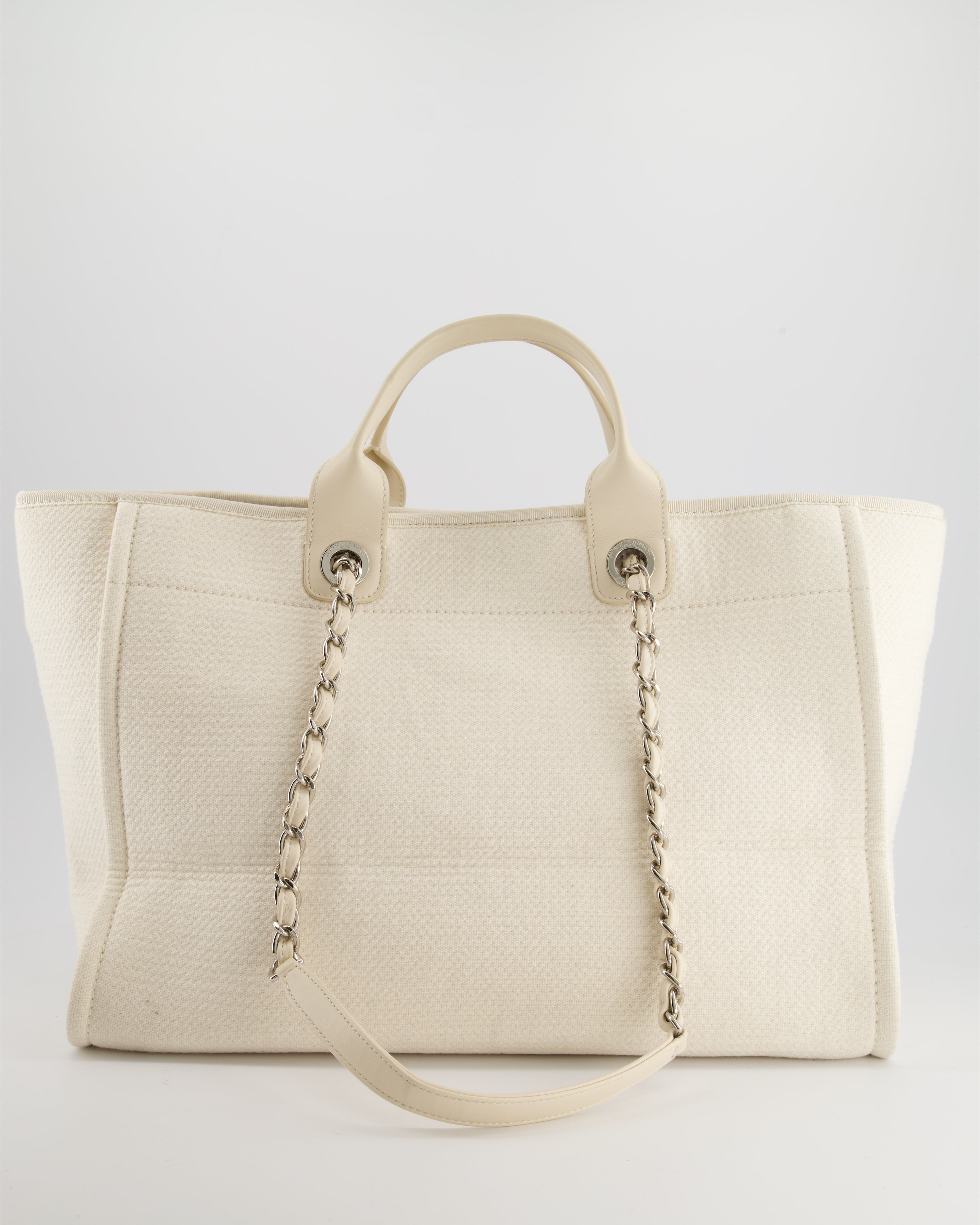 Chanel Large Cream Canvas Deauville Tote Bag with Silver Hardware