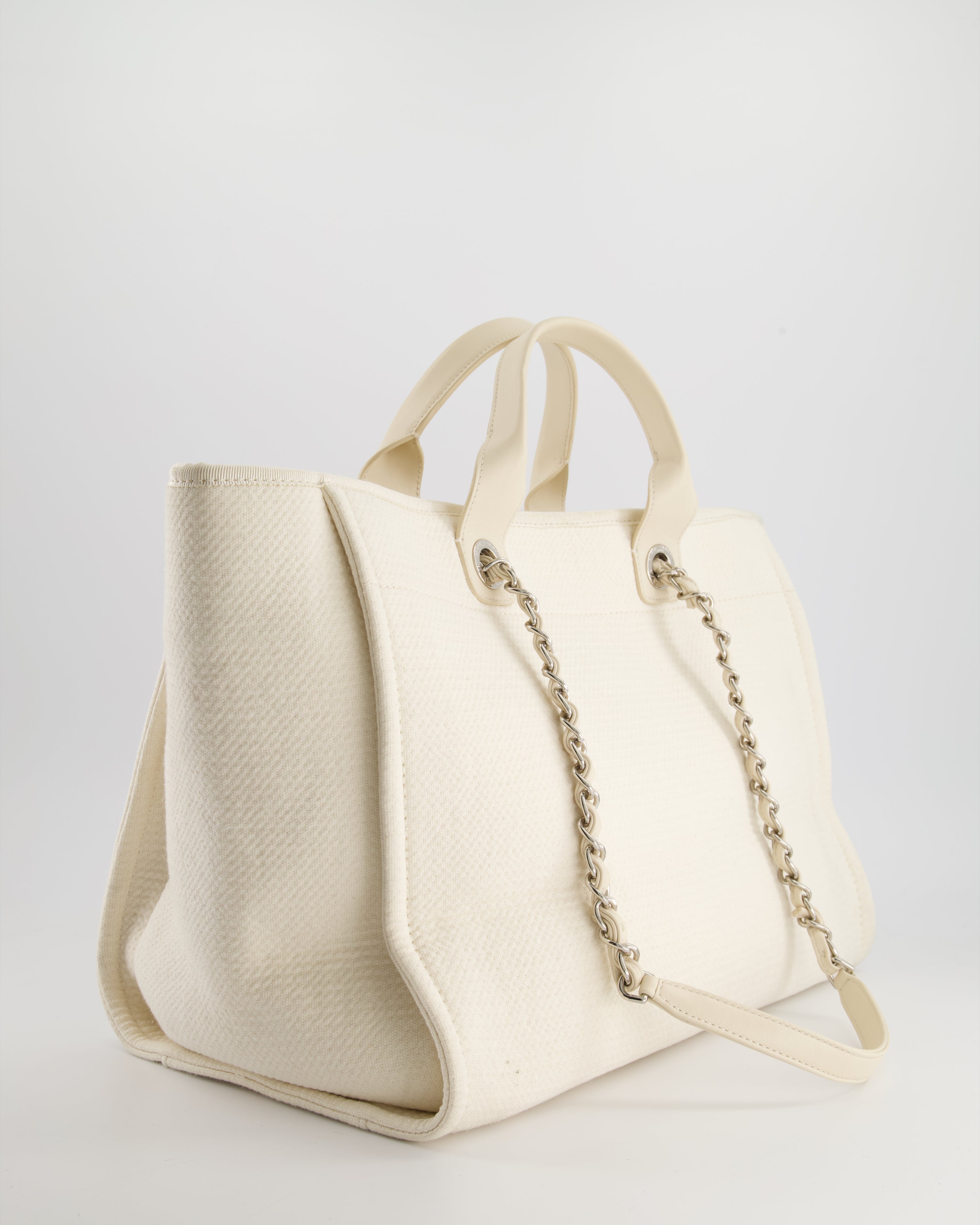 Chanel Large Cream Canvas Deauville Tote Bag with Silver Hardware