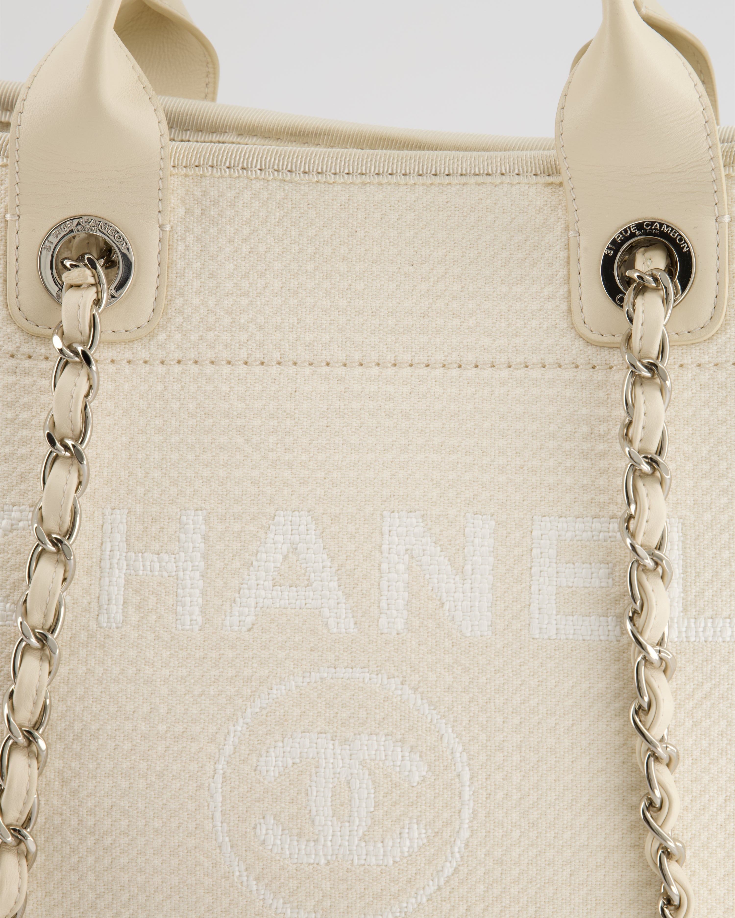 Chanel Large Cream Canvas Deauville Tote Bag with Silver Hardware