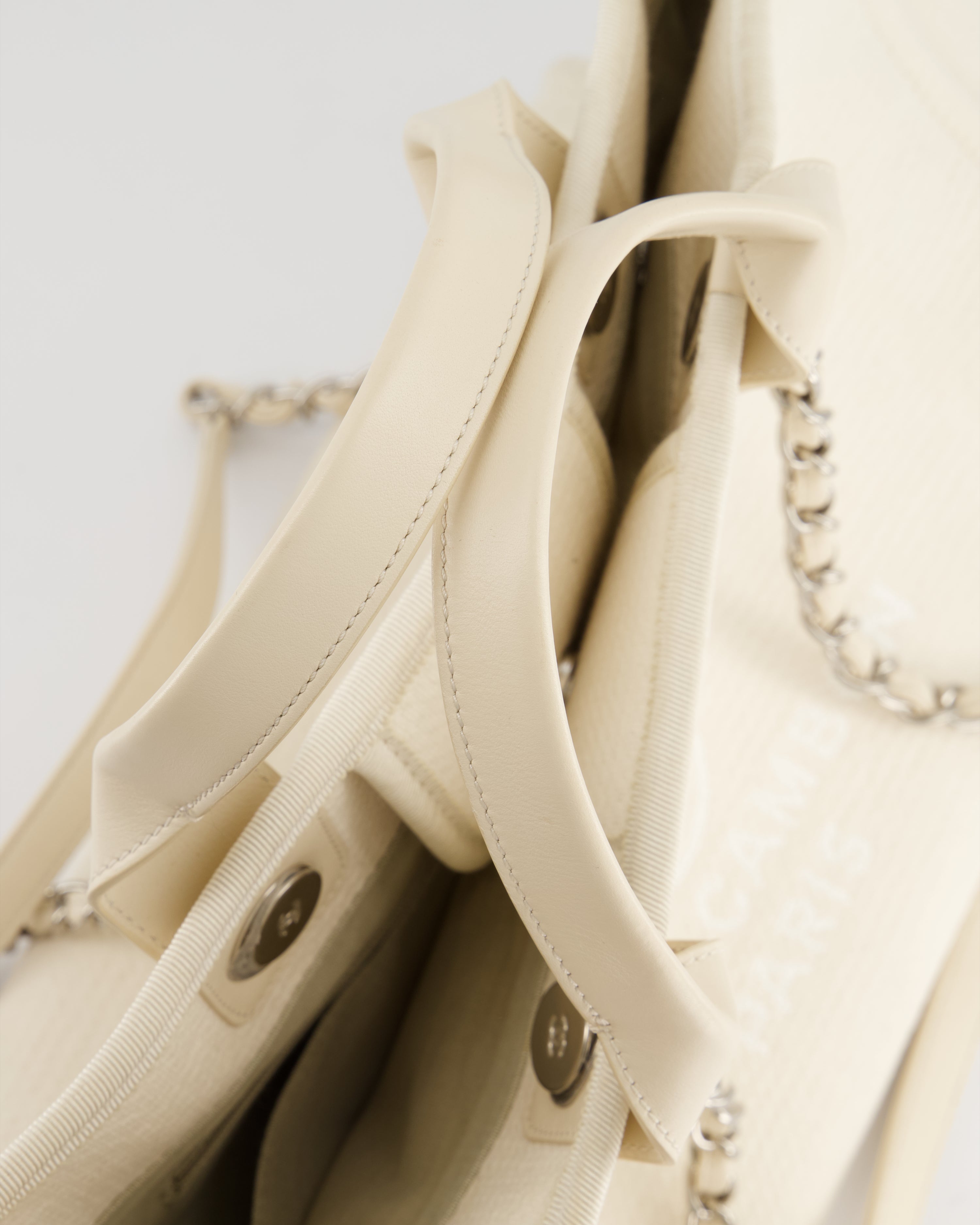 Chanel Large Cream Canvas Deauville Tote Bag with Silver Hardware