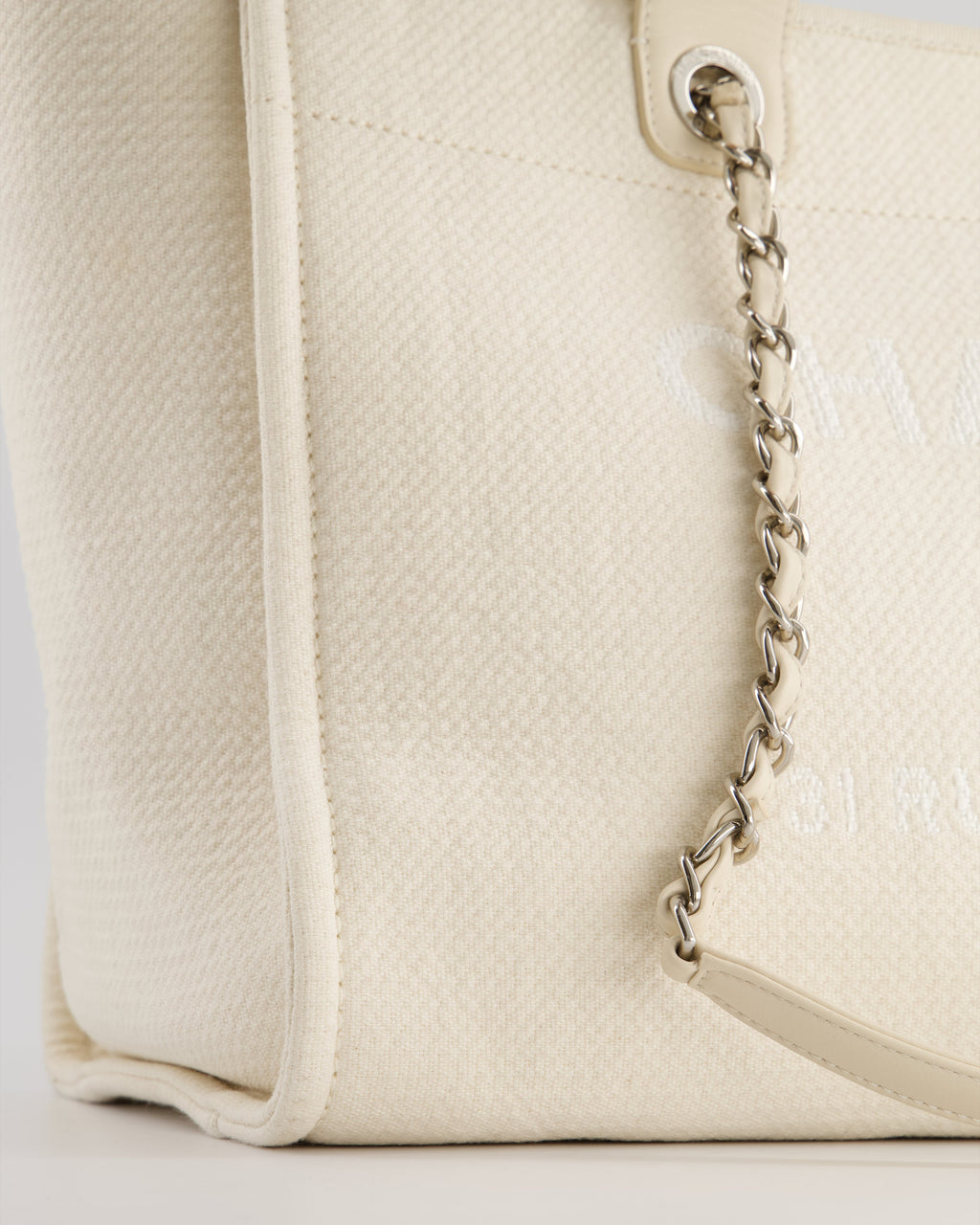 Chanel Large Cream Canvas Deauville Tote Bag with Silver Hardware
