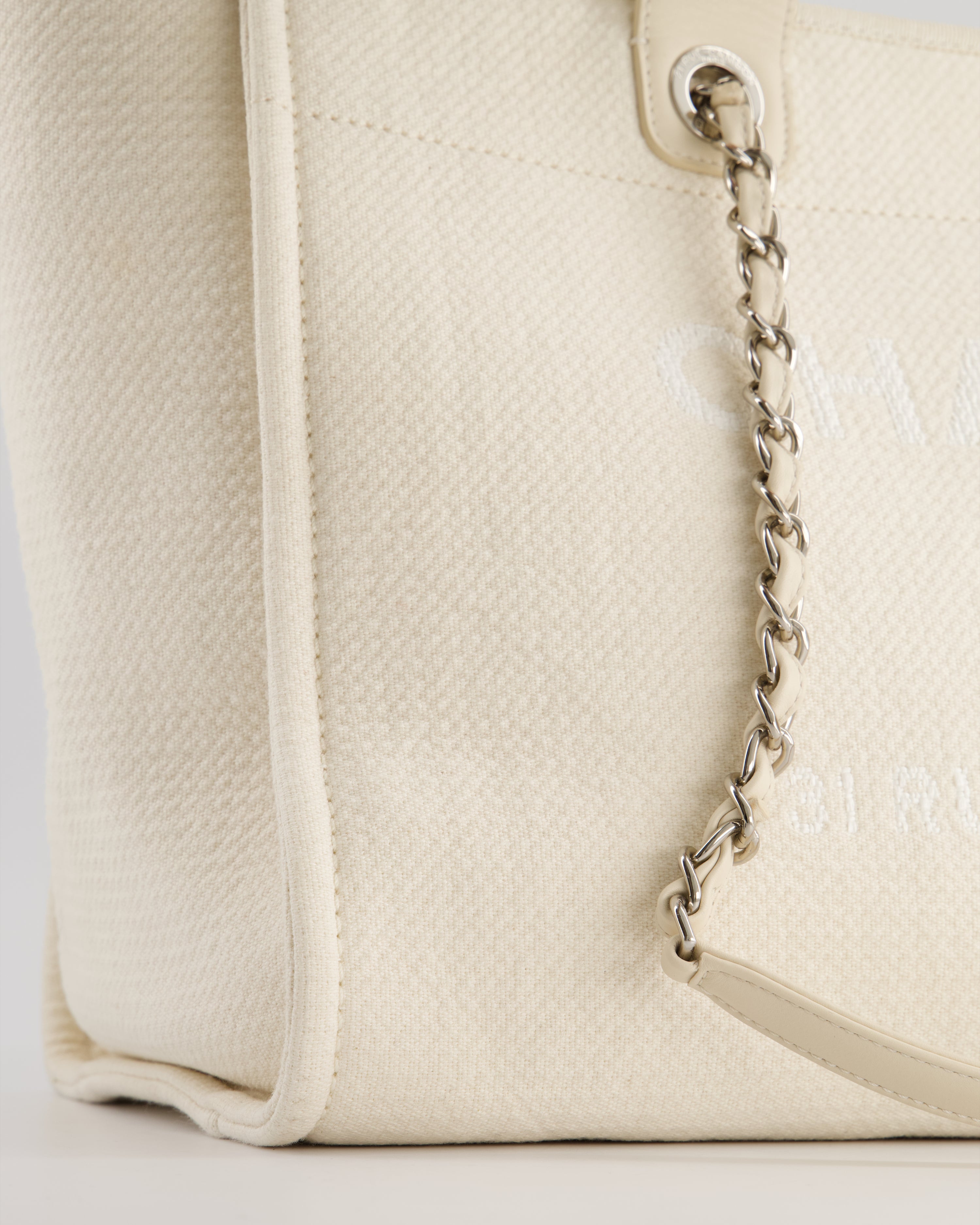 Chanel Large Cream Canvas Deauville Tote Bag with Silver Hardware