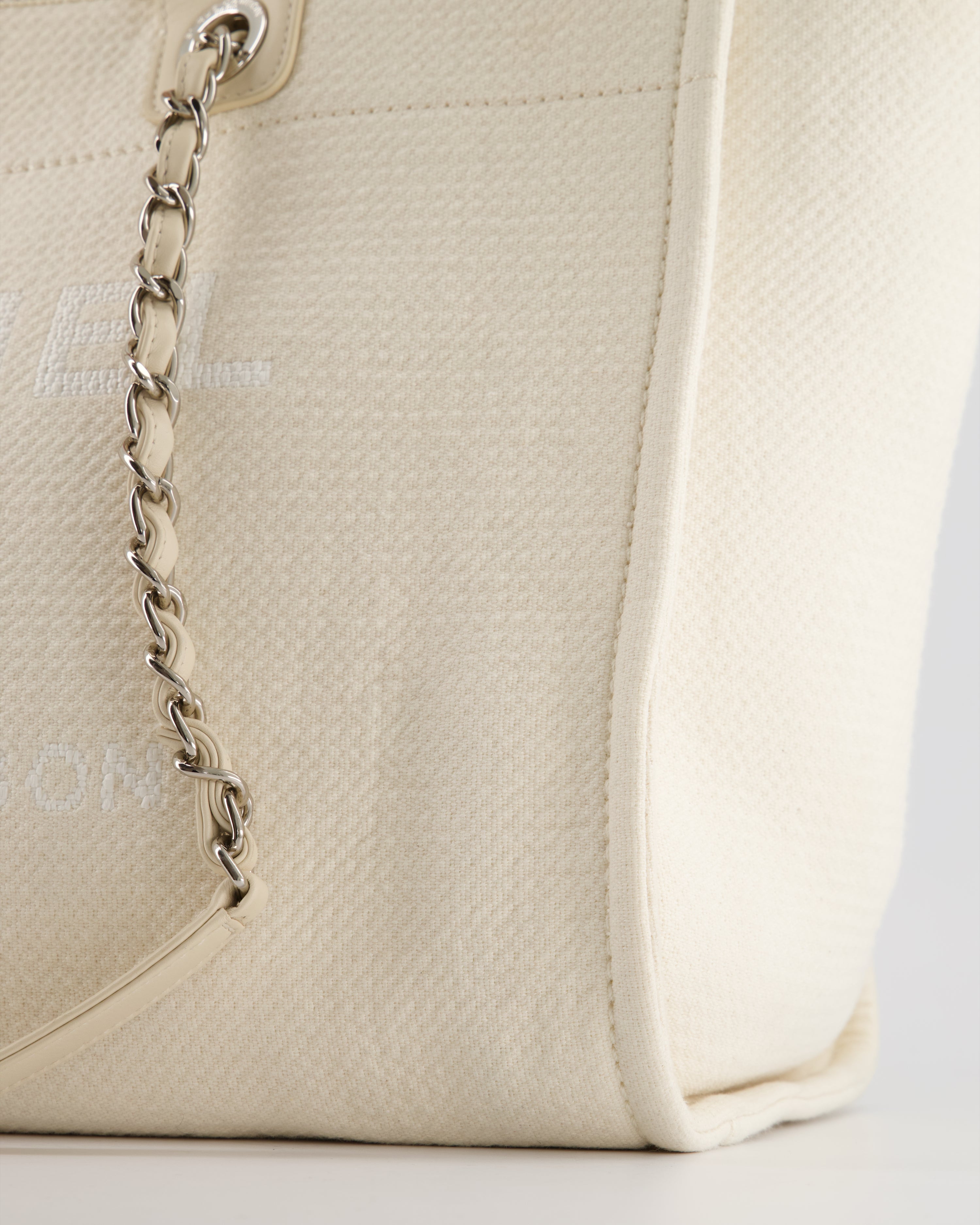 Chanel Large Cream Canvas Deauville Tote Bag with Silver Hardware