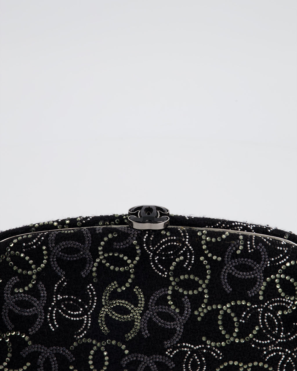 Chanel Black Timeless Clutch Bag in Fabric with Gunmetal Hardware and Crystal Logo Details