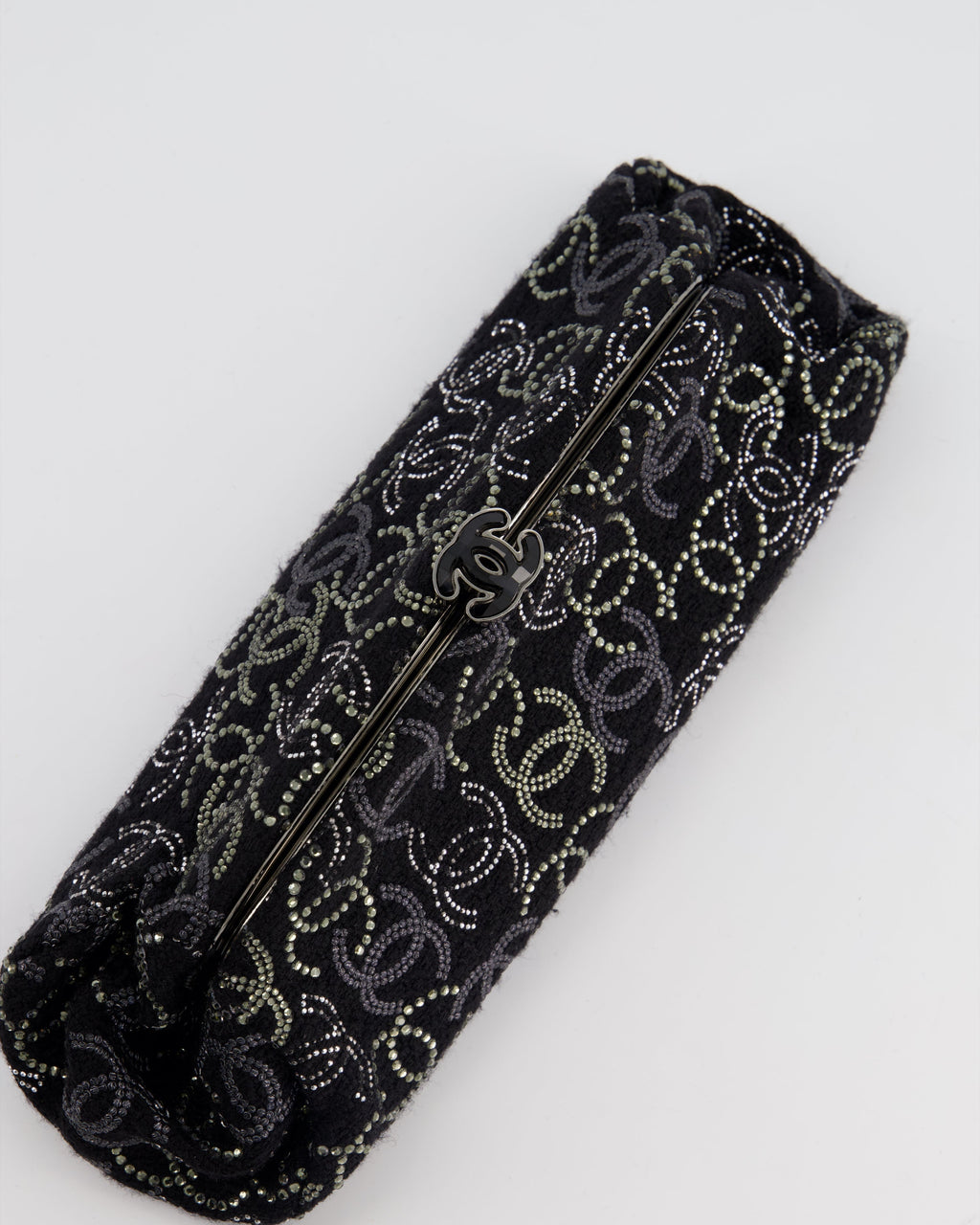 Chanel Black Timeless Clutch Bag in Fabric with Gunmetal Hardware and Crystal Logo Details