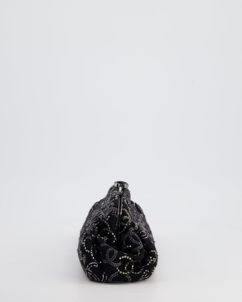 Chanel Black Timeless Clutch Bag in Fabric with Gunmetal Hardware and Crystal Logo Details