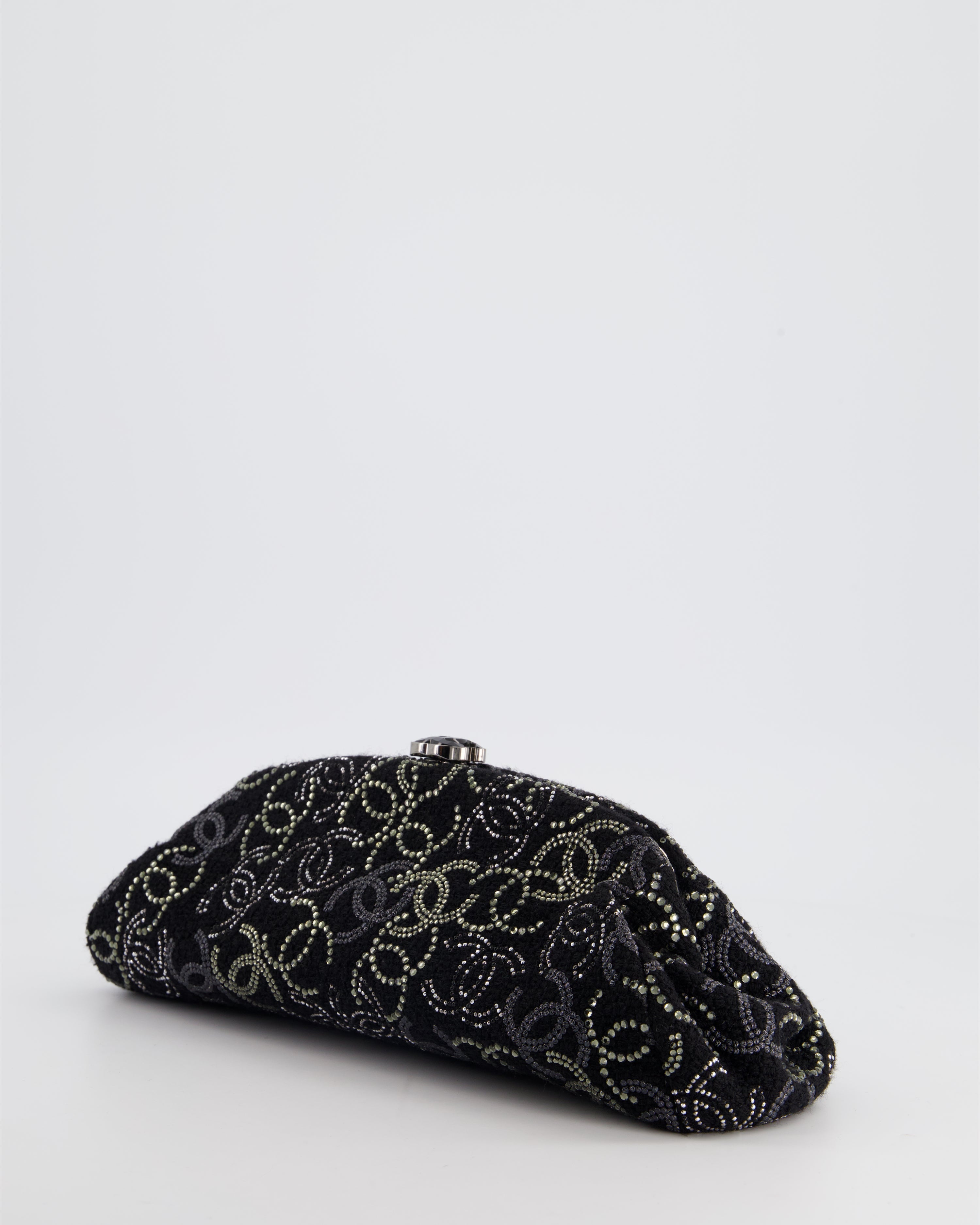 Chanel Black Timeless Clutch Bag in Fabric with Gunmetal Hardware and Crystal Logo Details