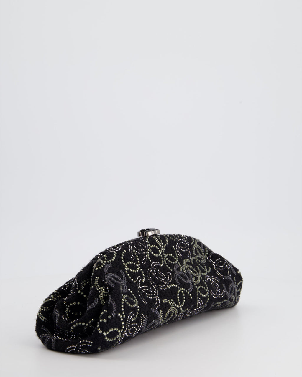 Chanel Black Timeless Clutch Bag in Fabric with Gunmetal Hardware and Crystal Logo Details