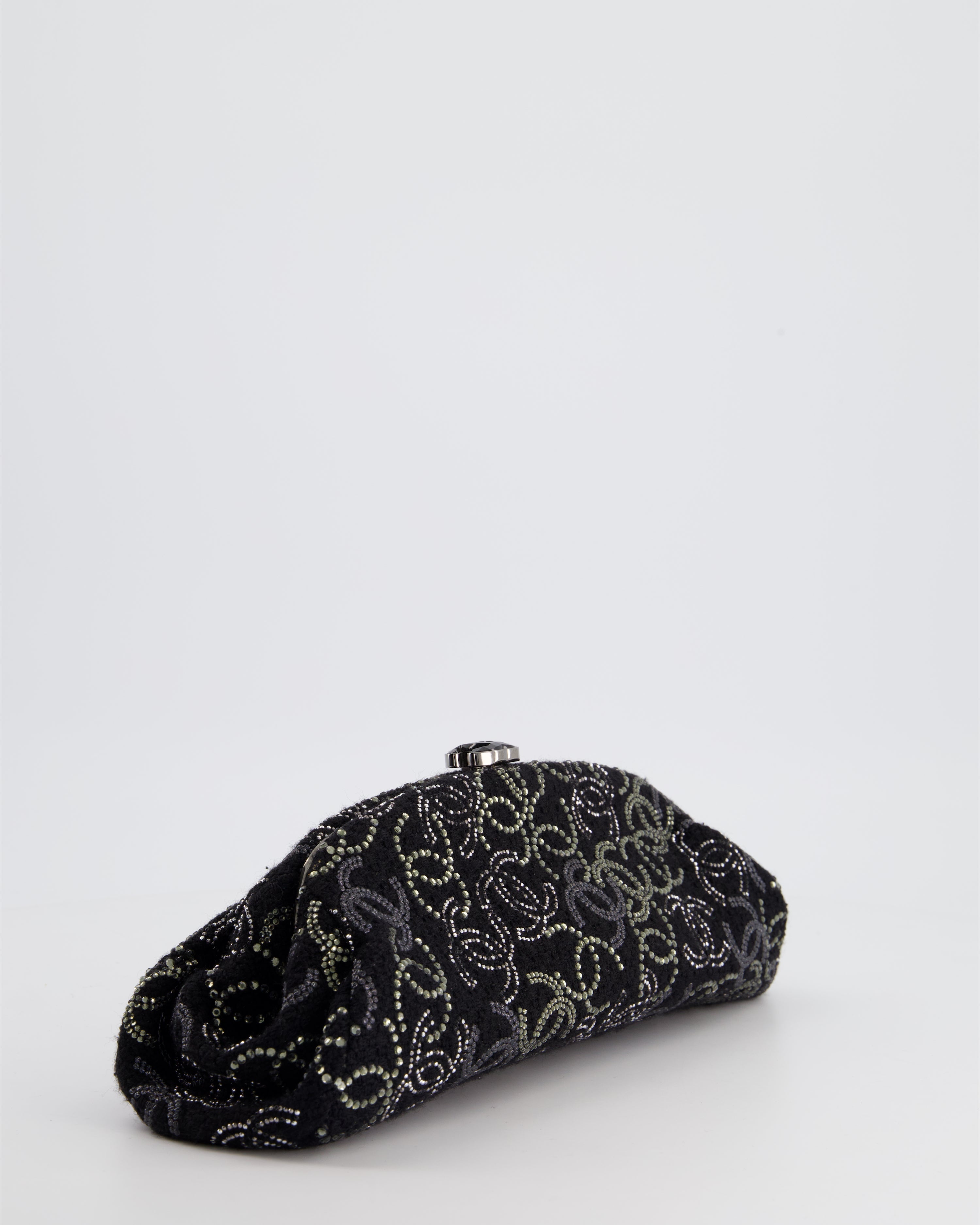Chanel Black Timeless Clutch Bag in Fabric with Gunmetal Hardware and Crystal Logo Details