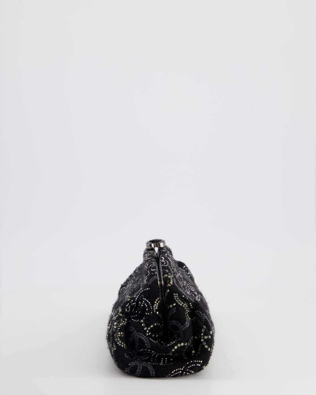 Chanel Black Timeless Clutch Bag in Fabric with Gunmetal Hardware and Crystal Logo Details