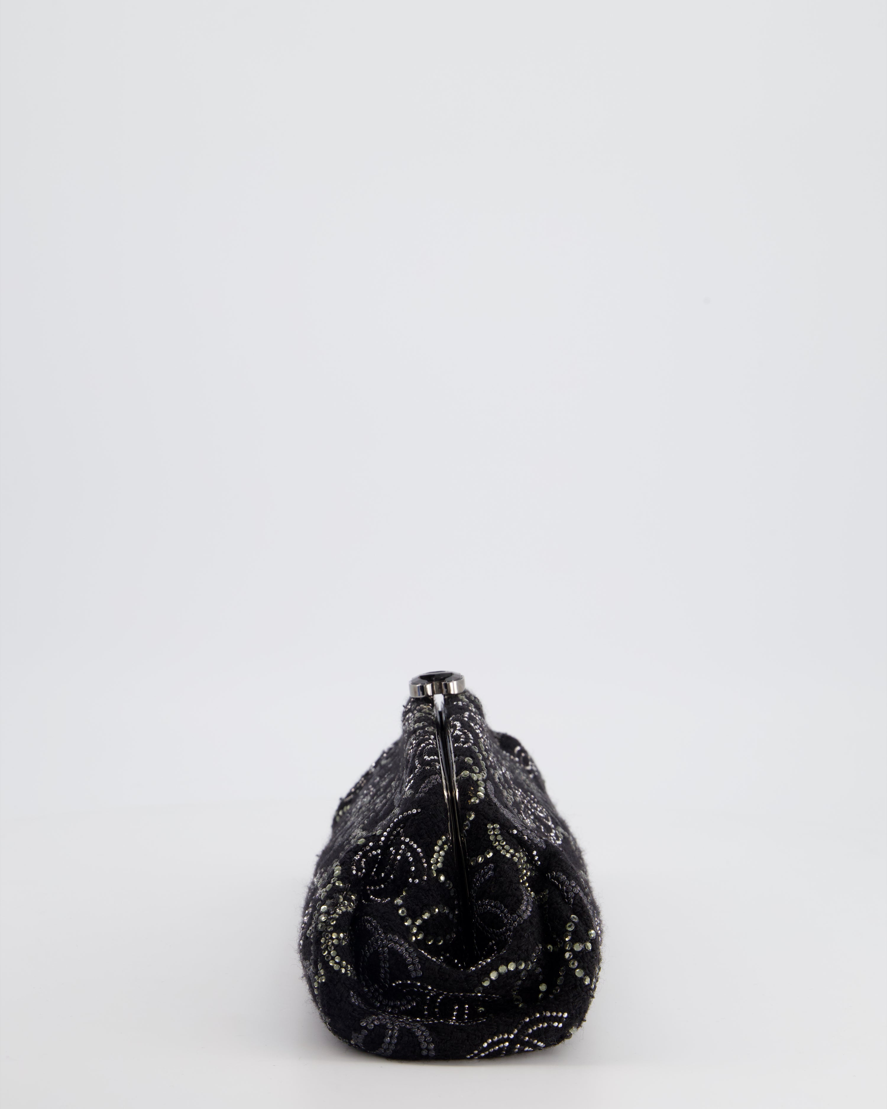 Chanel Black Timeless Clutch Bag in Fabric with Gunmetal Hardware and Crystal Logo Details