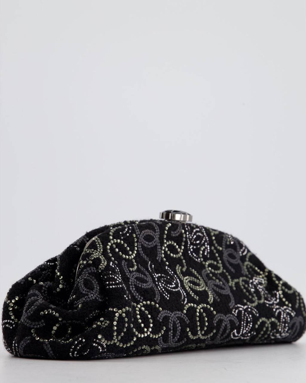 Chanel Black Timeless Clutch Bag in Fabric with Gunmetal Hardware and Crystal Logo Details