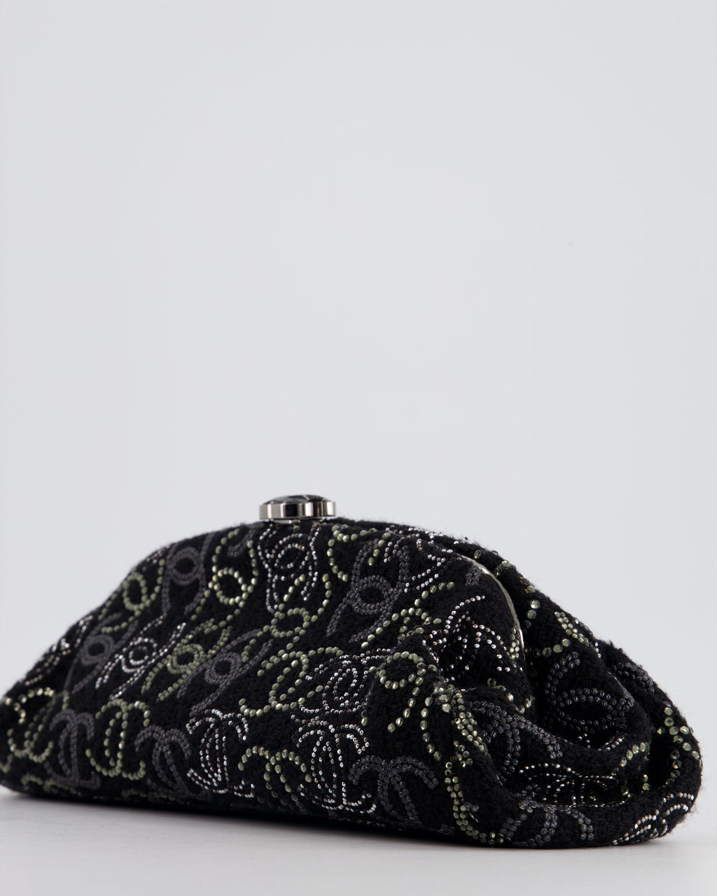 Chanel Black Timeless Clutch Bag in Fabric with Gunmetal Hardware and Crystal Logo Details