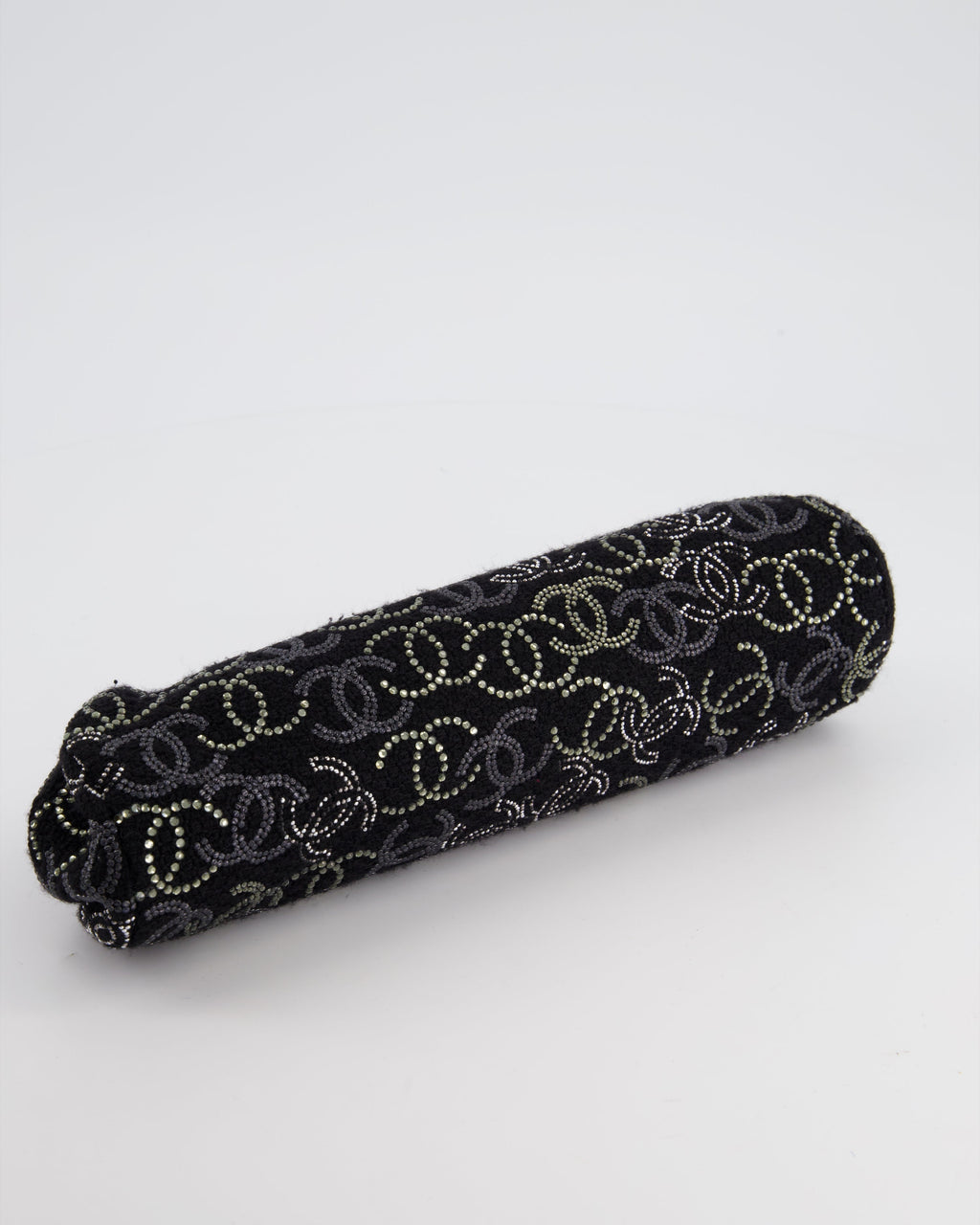 Chanel Black Timeless Clutch Bag in Fabric with Gunmetal Hardware and Crystal Logo Details