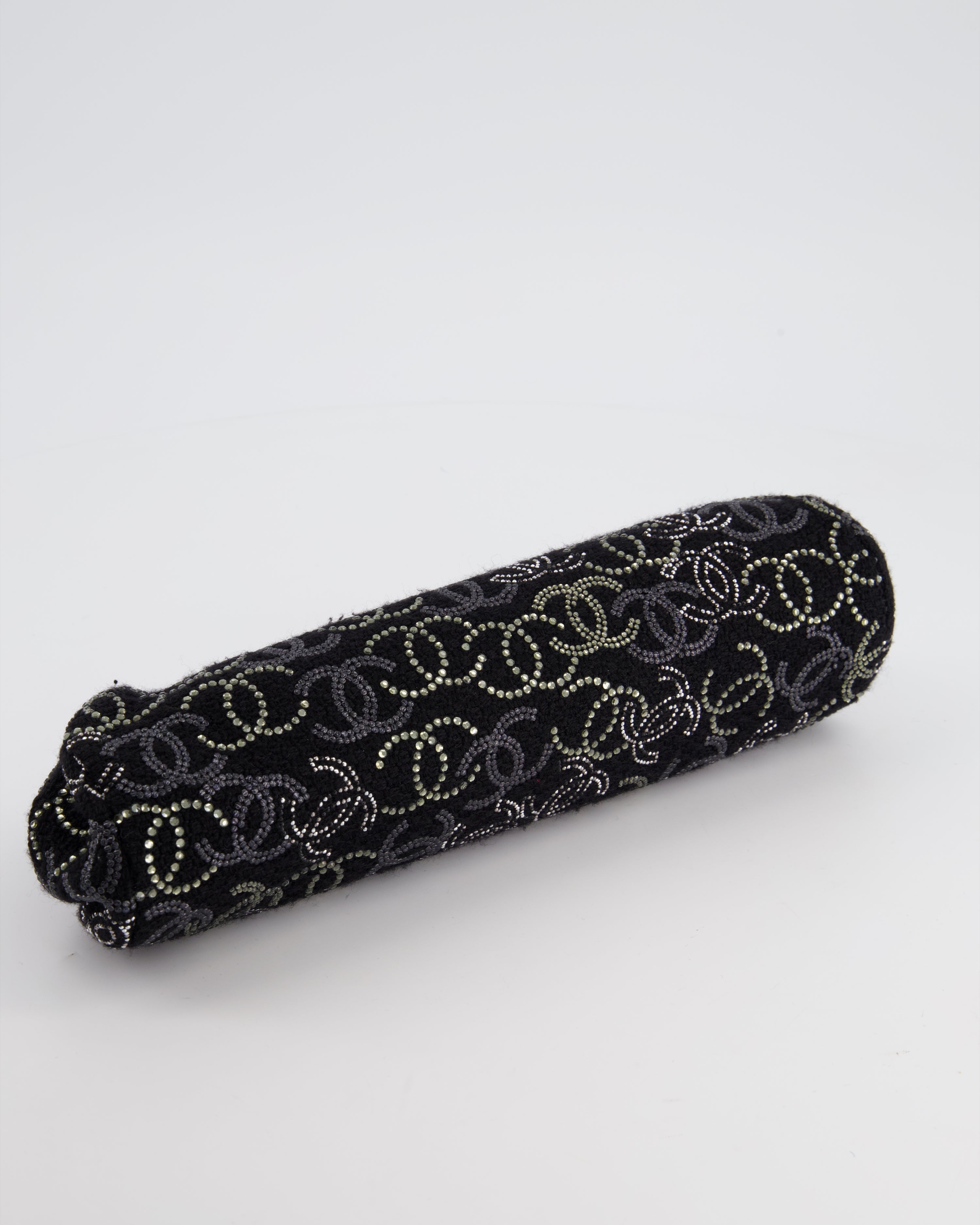 Chanel Black Timeless Clutch Bag in Fabric with Gunmetal Hardware and Crystal Logo Details