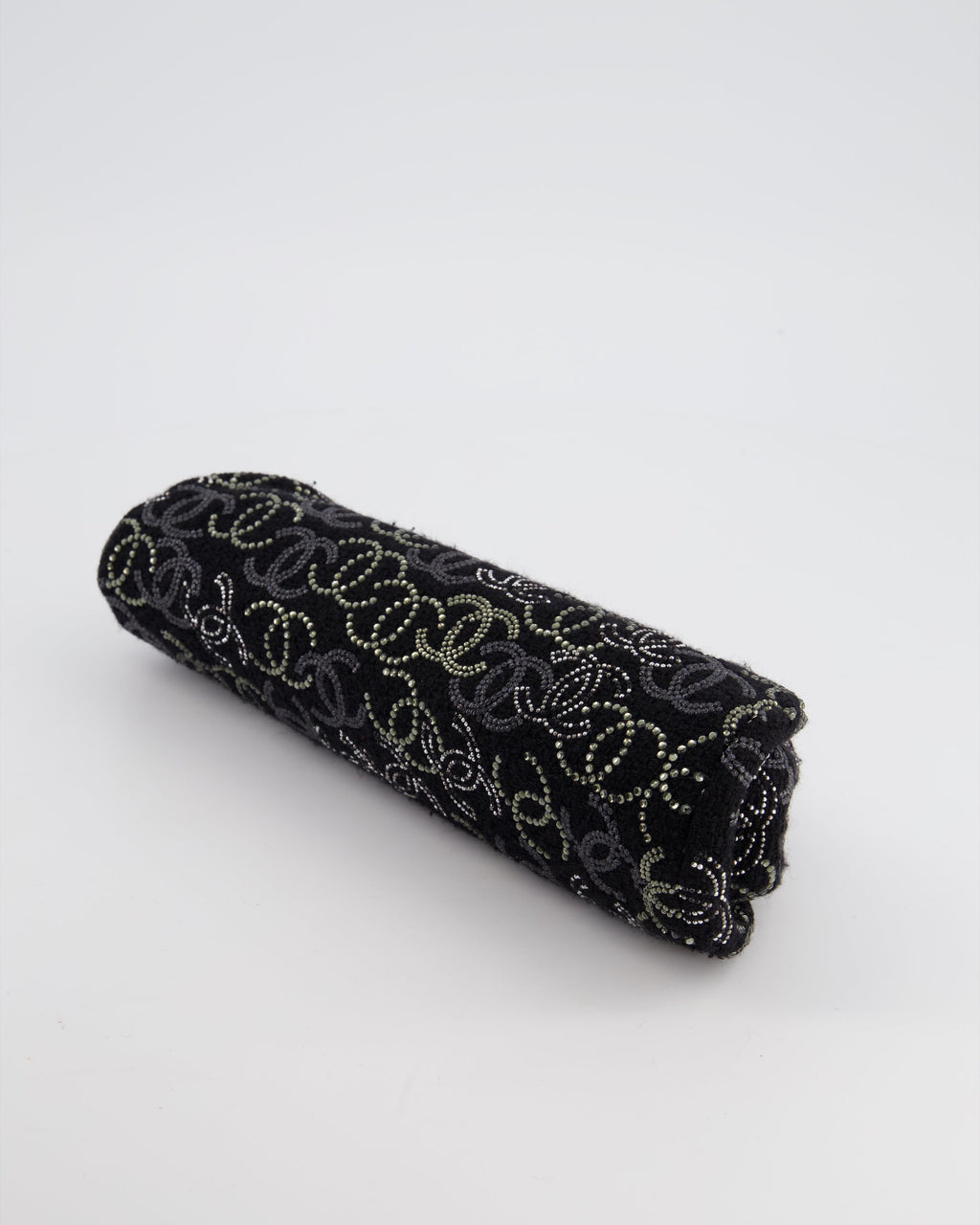 Chanel Black Timeless Clutch Bag in Fabric with Gunmetal Hardware and Crystal Logo Details