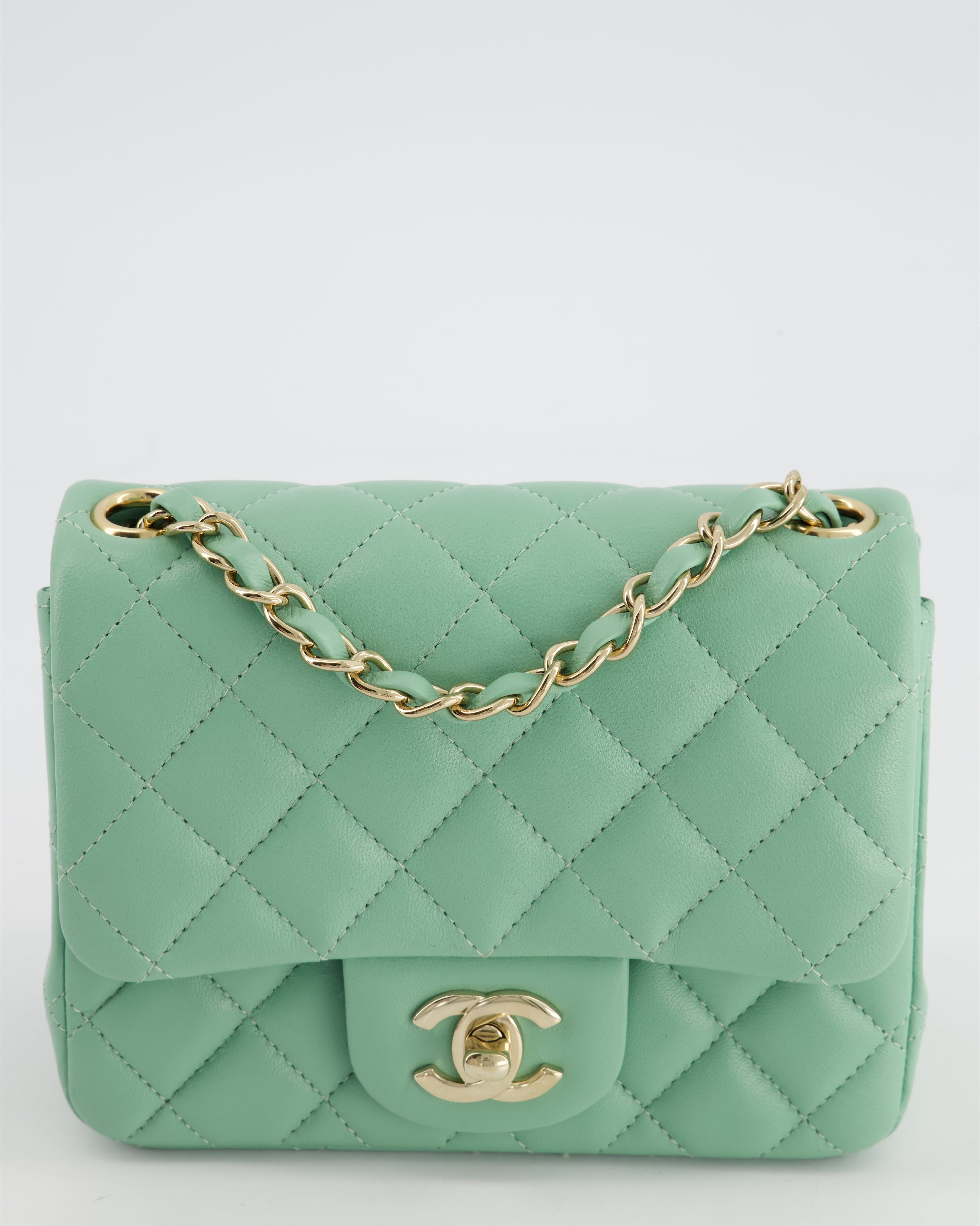 COLOUR* Chanel Green Tea Mini Square Bag in Lambskin Leather with Champagne Gold Hardware
