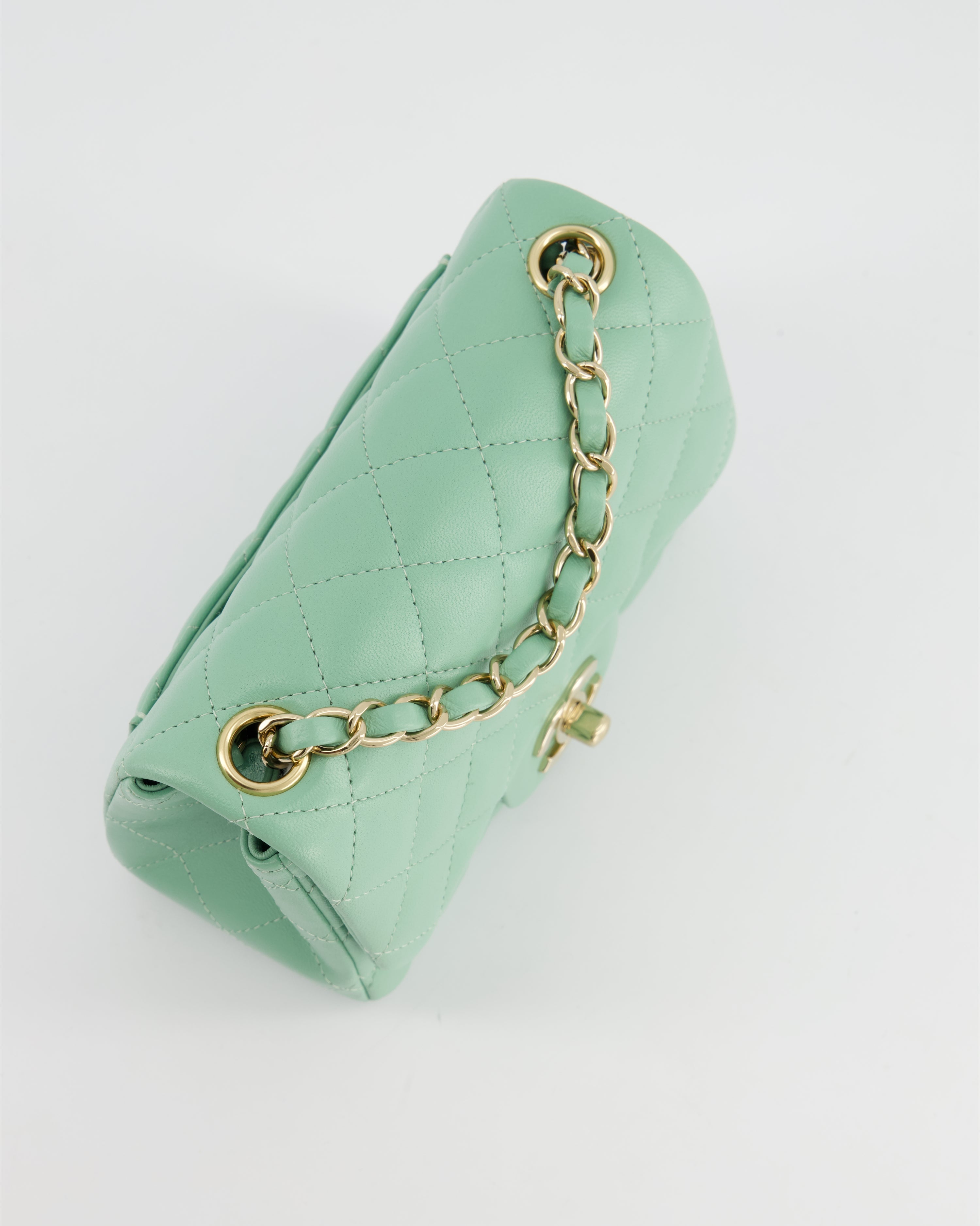 COLOUR* Chanel Green Tea Mini Square Bag in Lambskin Leather with Champagne Gold Hardware