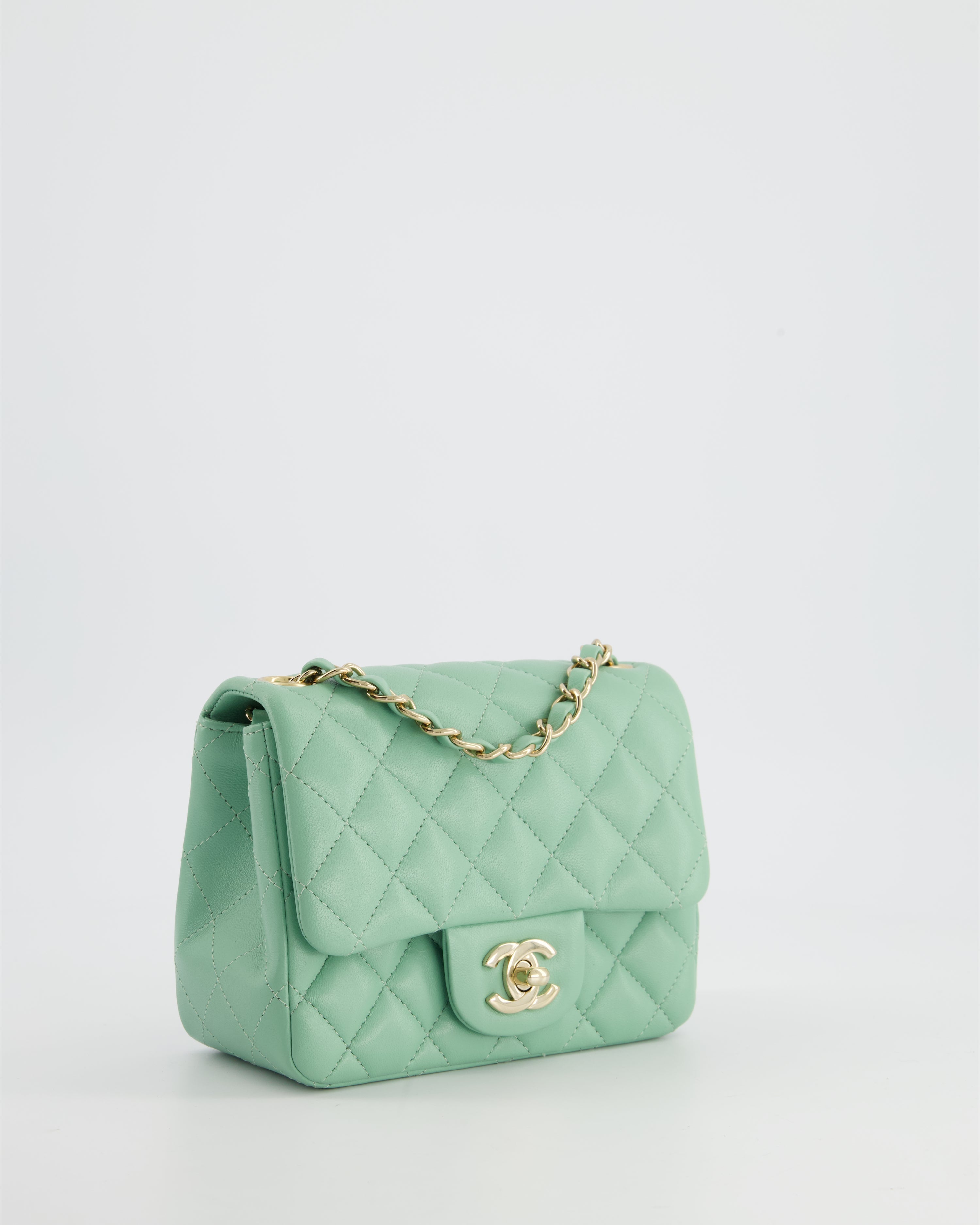 COLOUR* Chanel Green Tea Mini Square Bag in Lambskin Leather with Champagne Gold Hardware