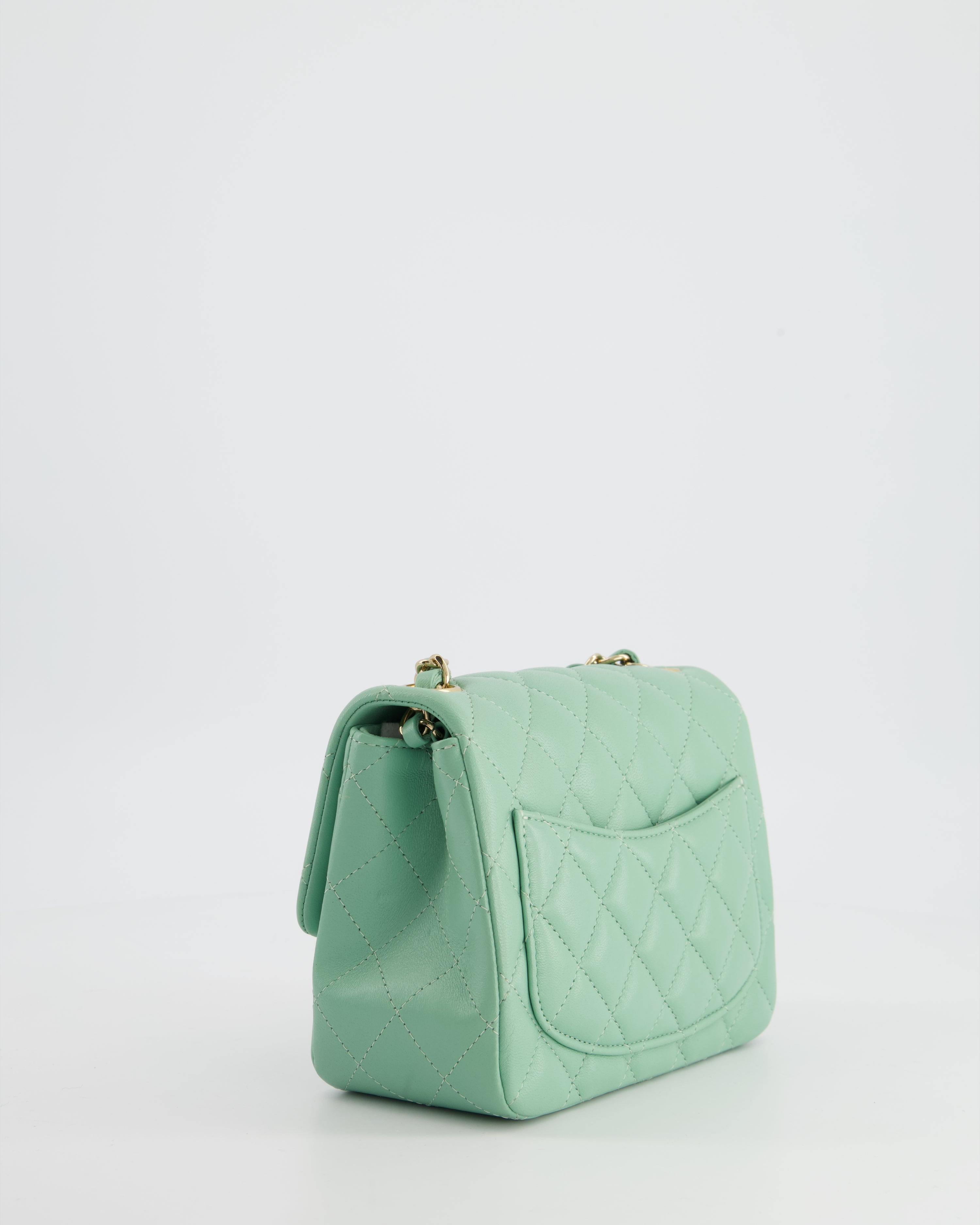 COLOUR* Chanel Green Tea Mini Square Bag in Lambskin Leather with Champagne Gold Hardware