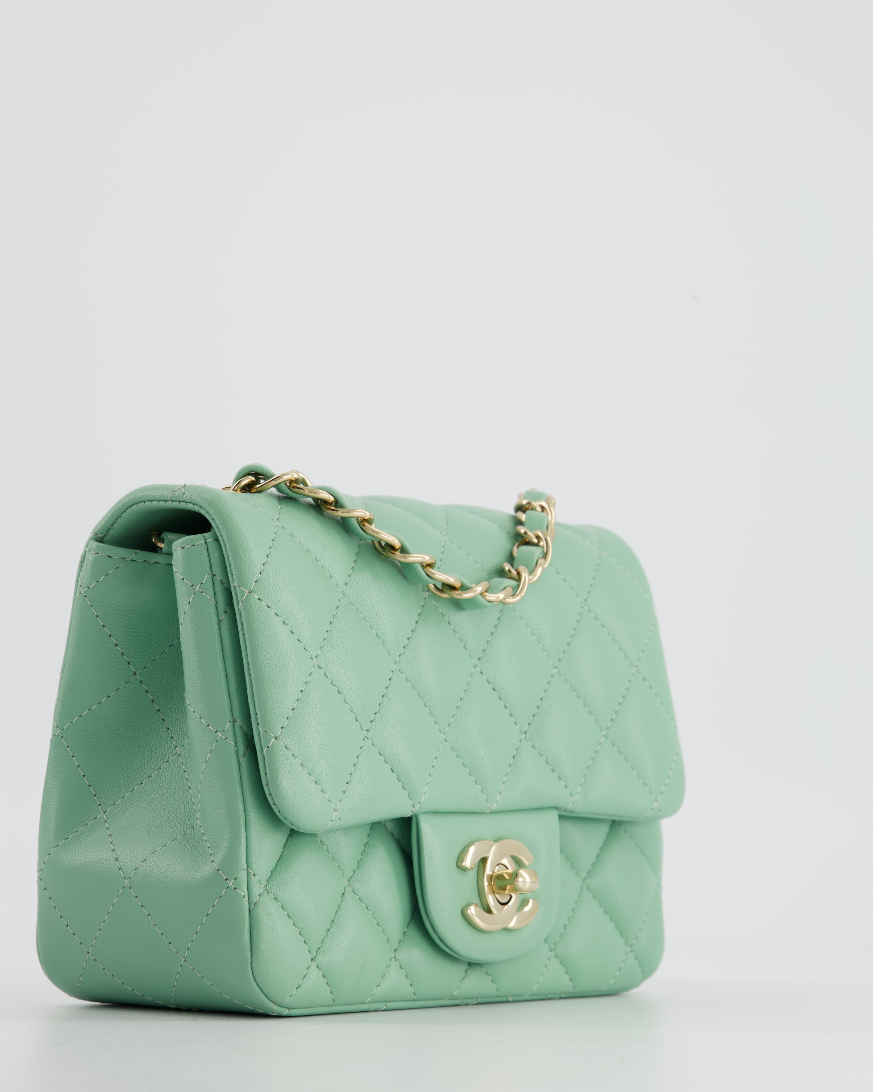 COLOUR* Chanel Green Tea Mini Square Bag in Lambskin Leather with Champagne Gold Hardware