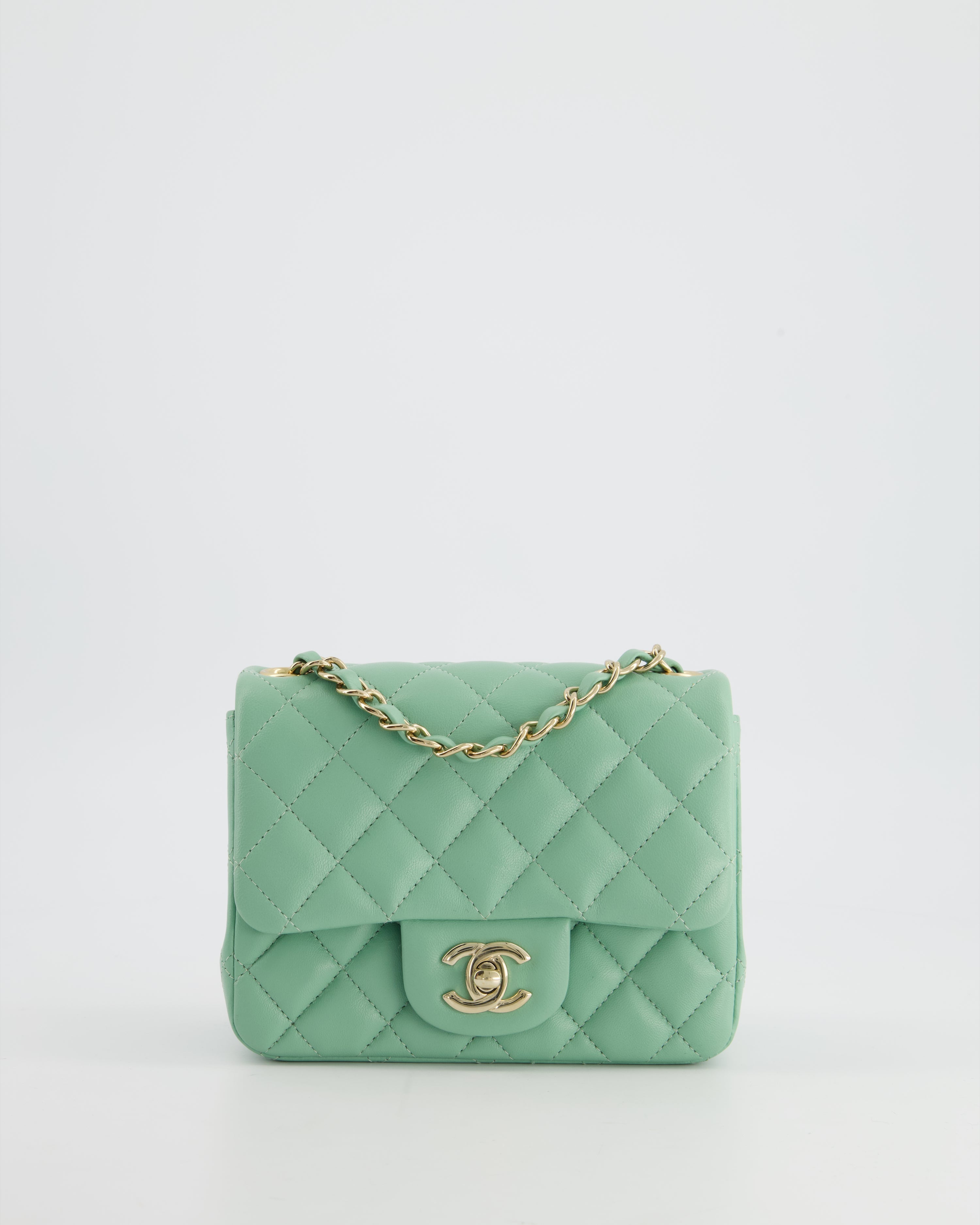 COLOUR* Chanel Green Tea Mini Square Bag in Lambskin Leather with Champagne Gold Hardware