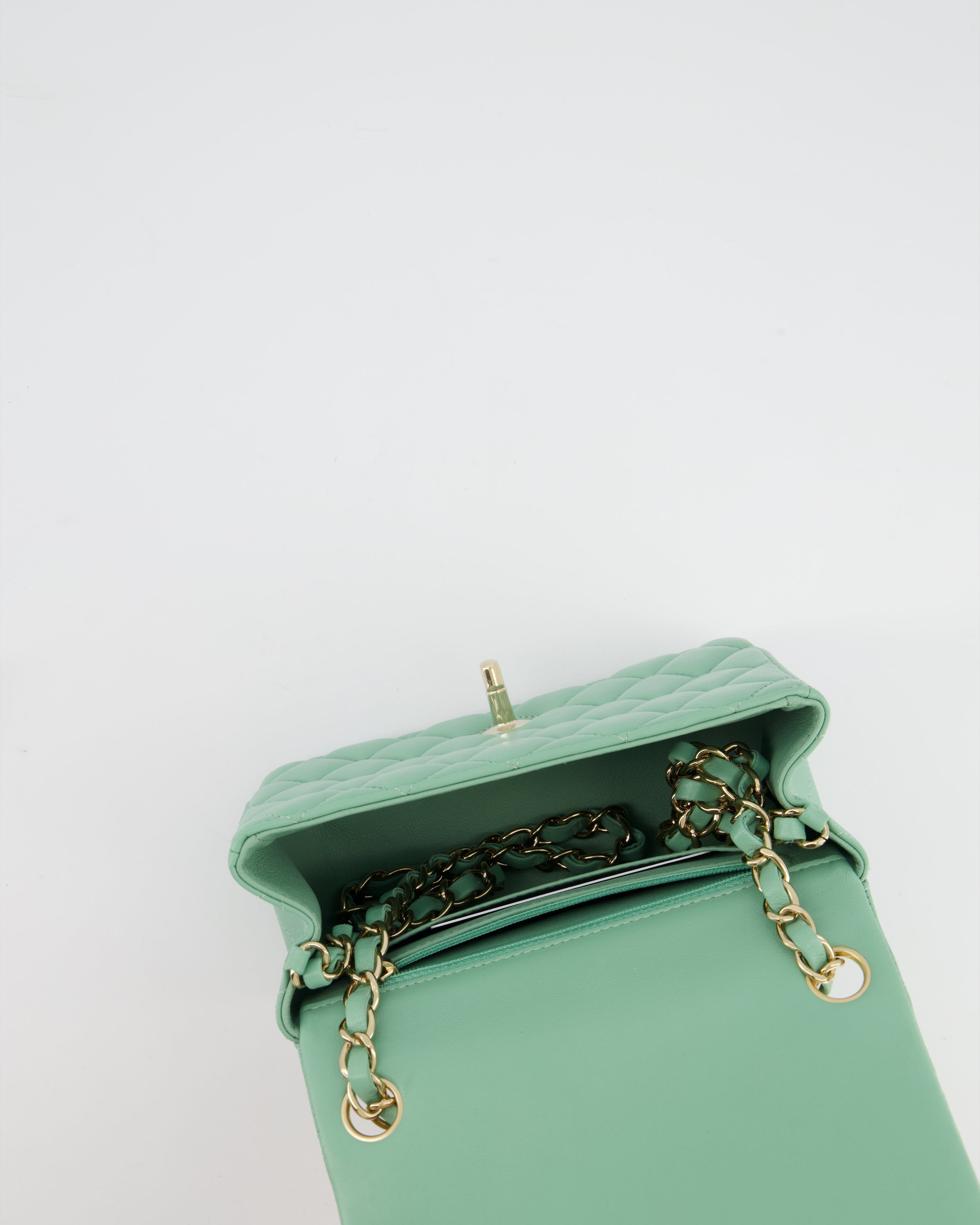 COLOUR* Chanel Green Tea Mini Square Bag in Lambskin Leather with Champagne Gold Hardware