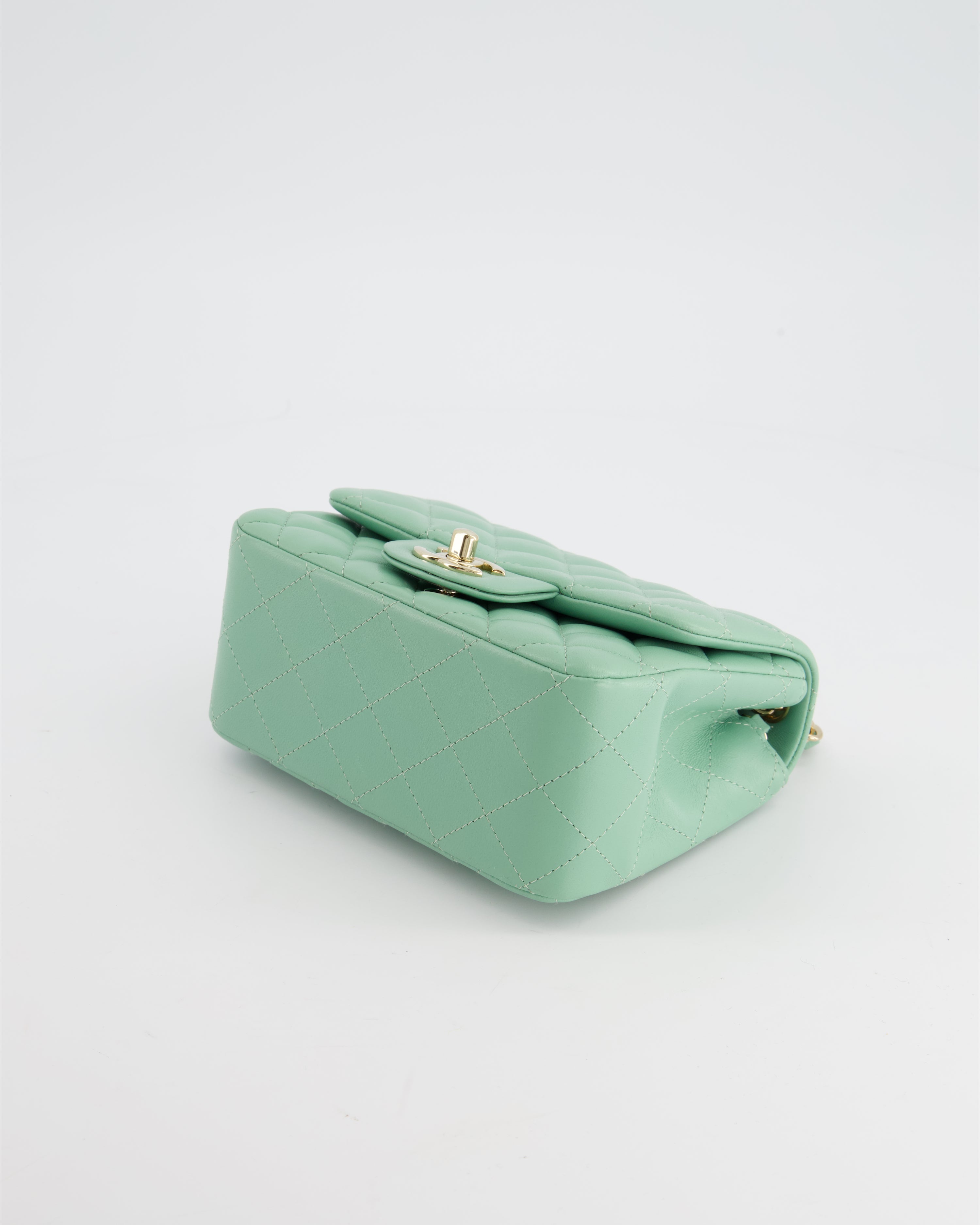 COLOUR* Chanel Green Tea Mini Square Bag in Lambskin Leather with Champagne Gold Hardware