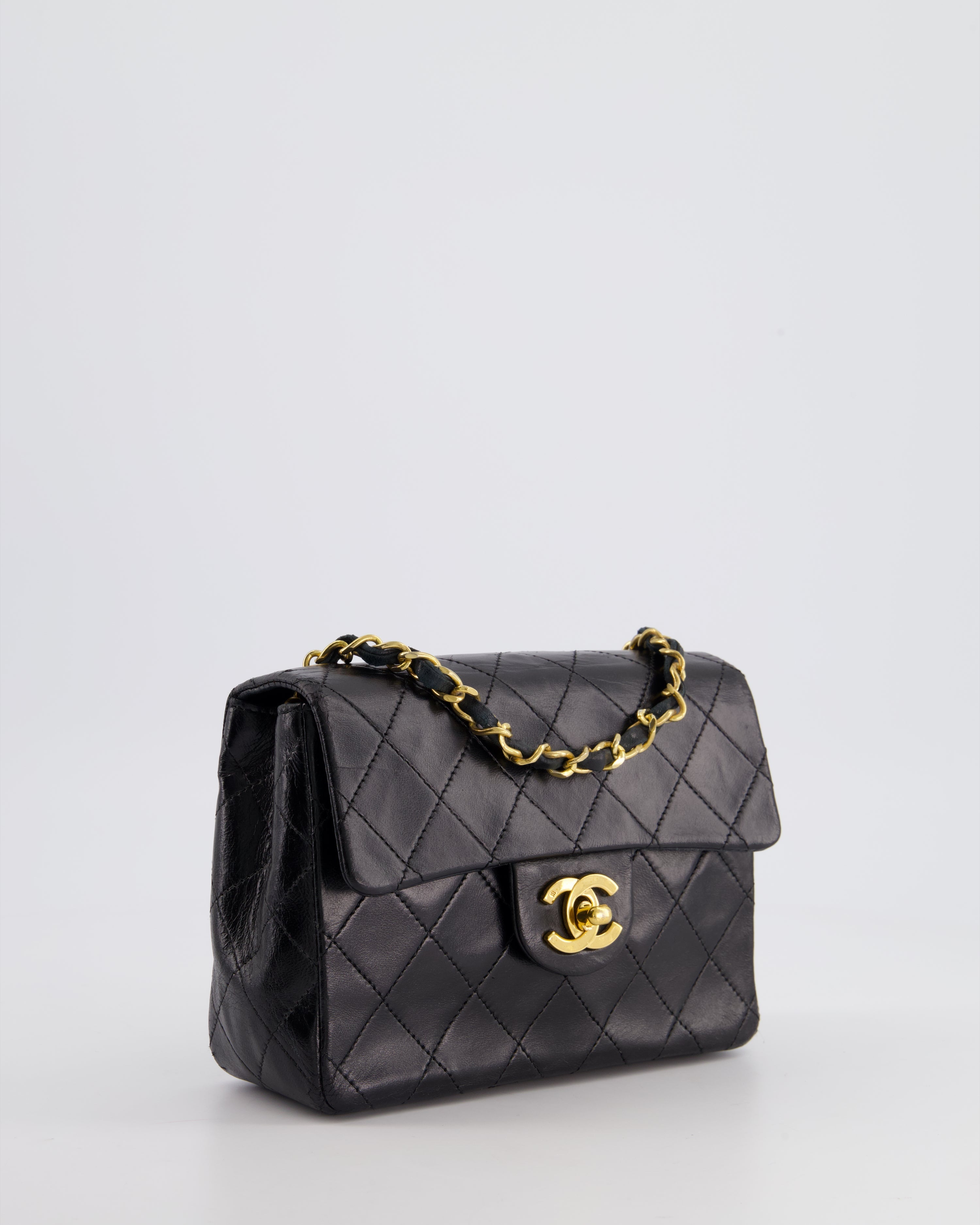 Chanel Vintage Black Mini Square Bag in Lambskin Leather with 24k Gold Hardware