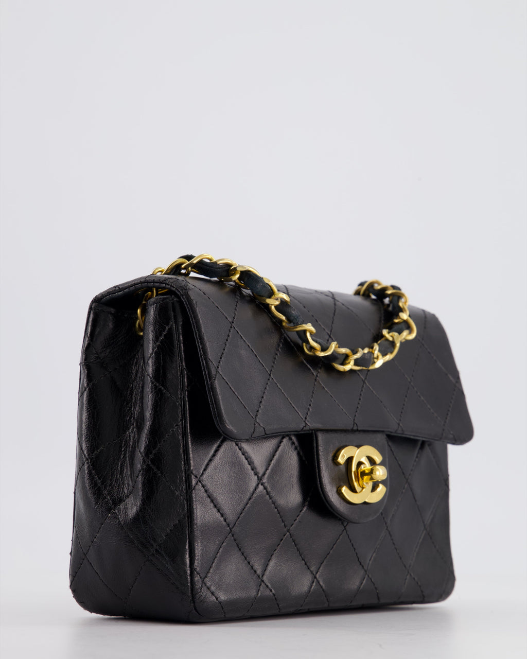 Chanel Vintage Black Mini Square Bag in Lambskin Leather with 24k Gold Hardware
