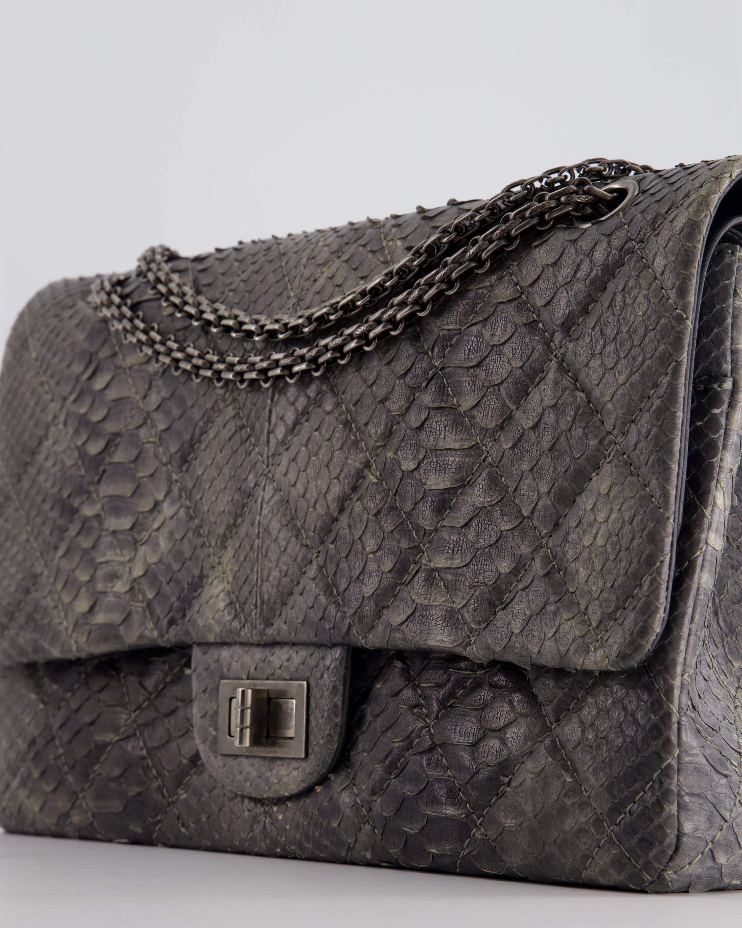 Chanel Storm Grey Jumbo Classic Double Flap 2.55 Reissue Bag in Python Leather with Ruthenium  Hardware