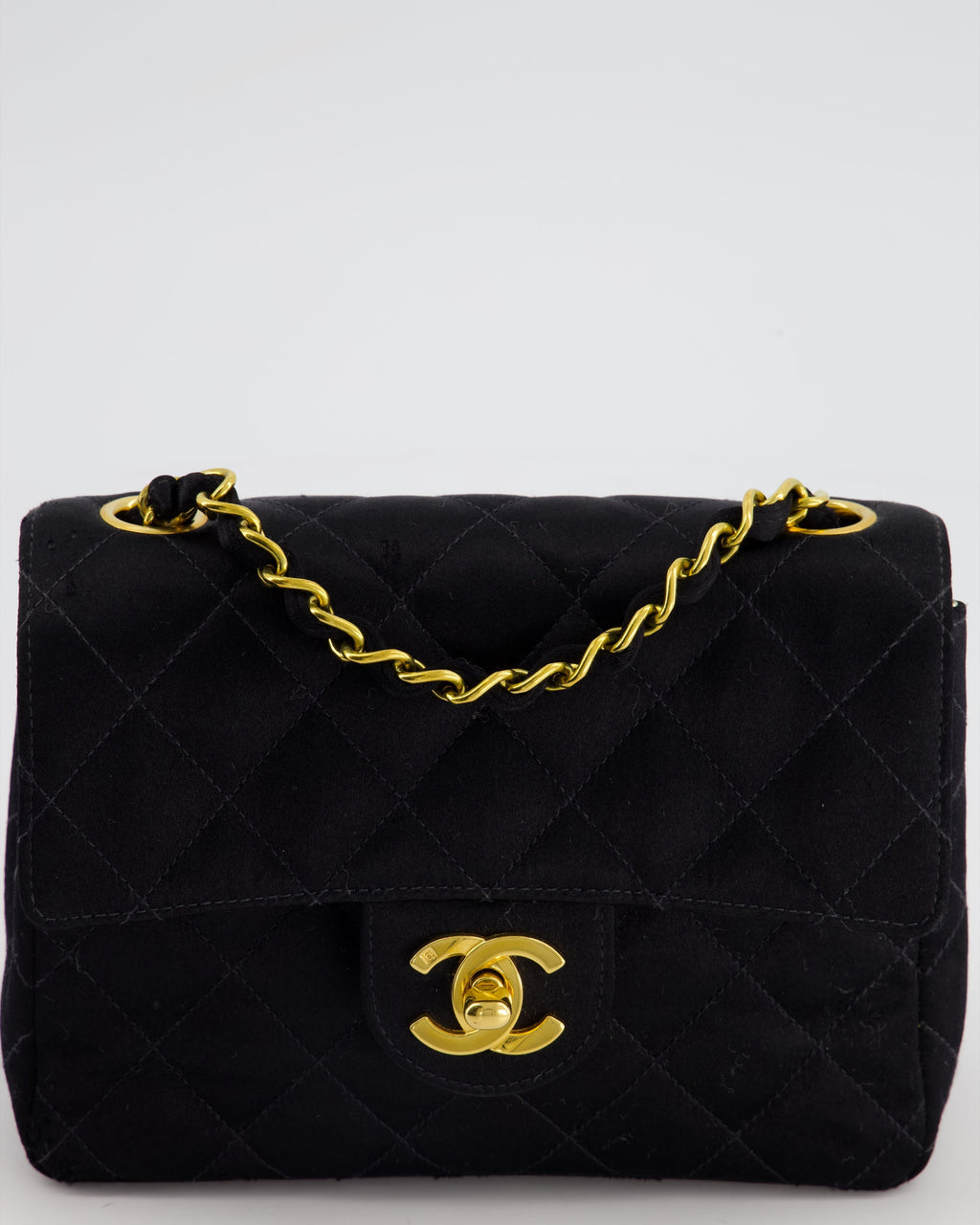 Chanel Vintage Satin Black Mini Square Flap Bag with 24K Gold Hardware