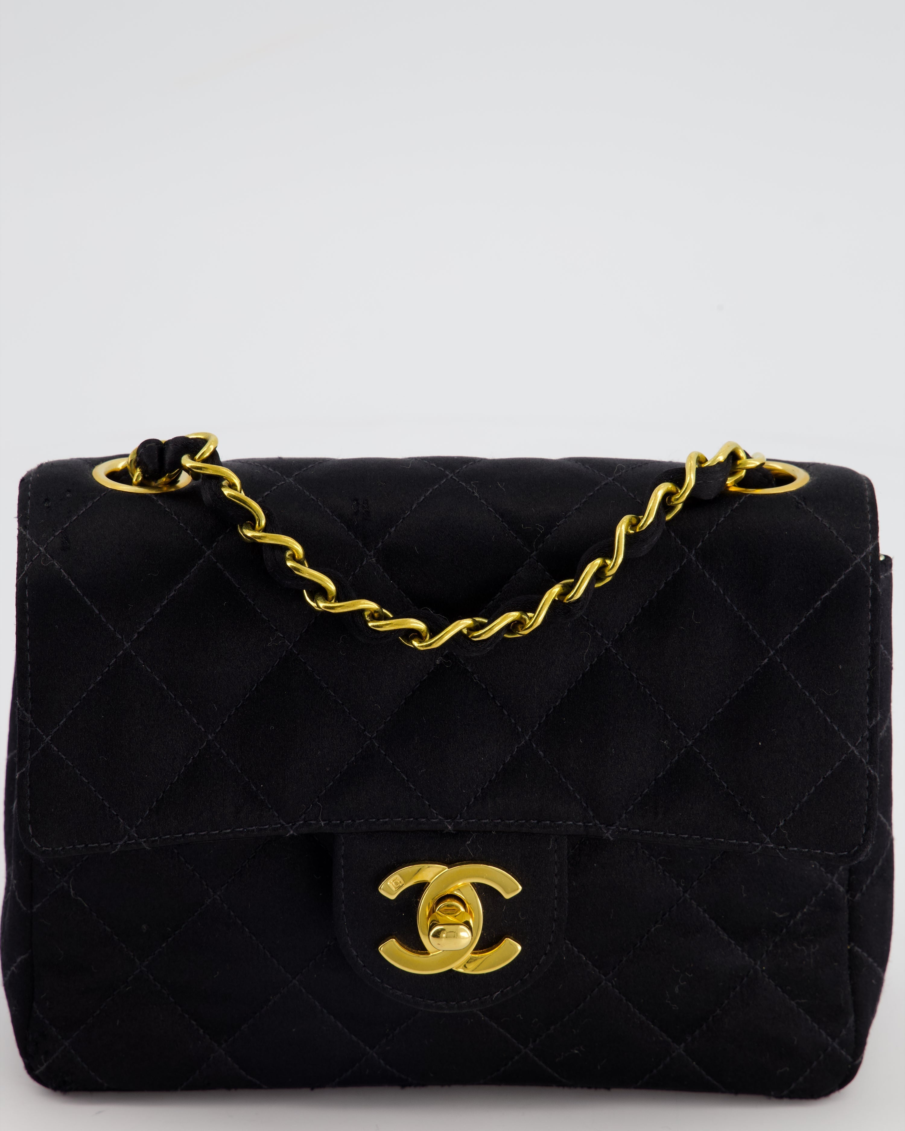 Chanel Vintage Satin Black Mini Square Flap Bag with 24K Gold Hardware