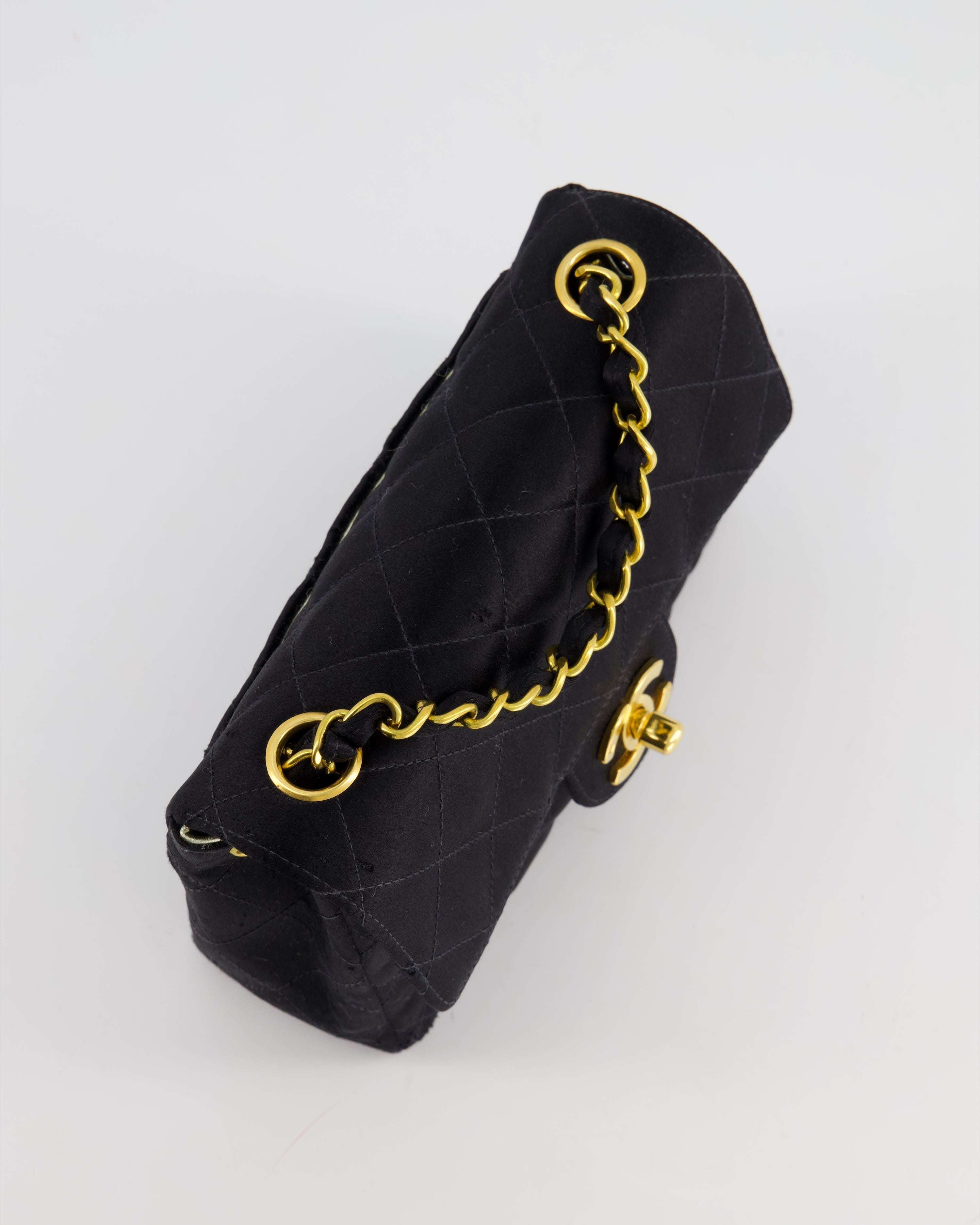 Chanel Vintage Satin Black Mini Square Flap Bag with 24K Gold Hardware