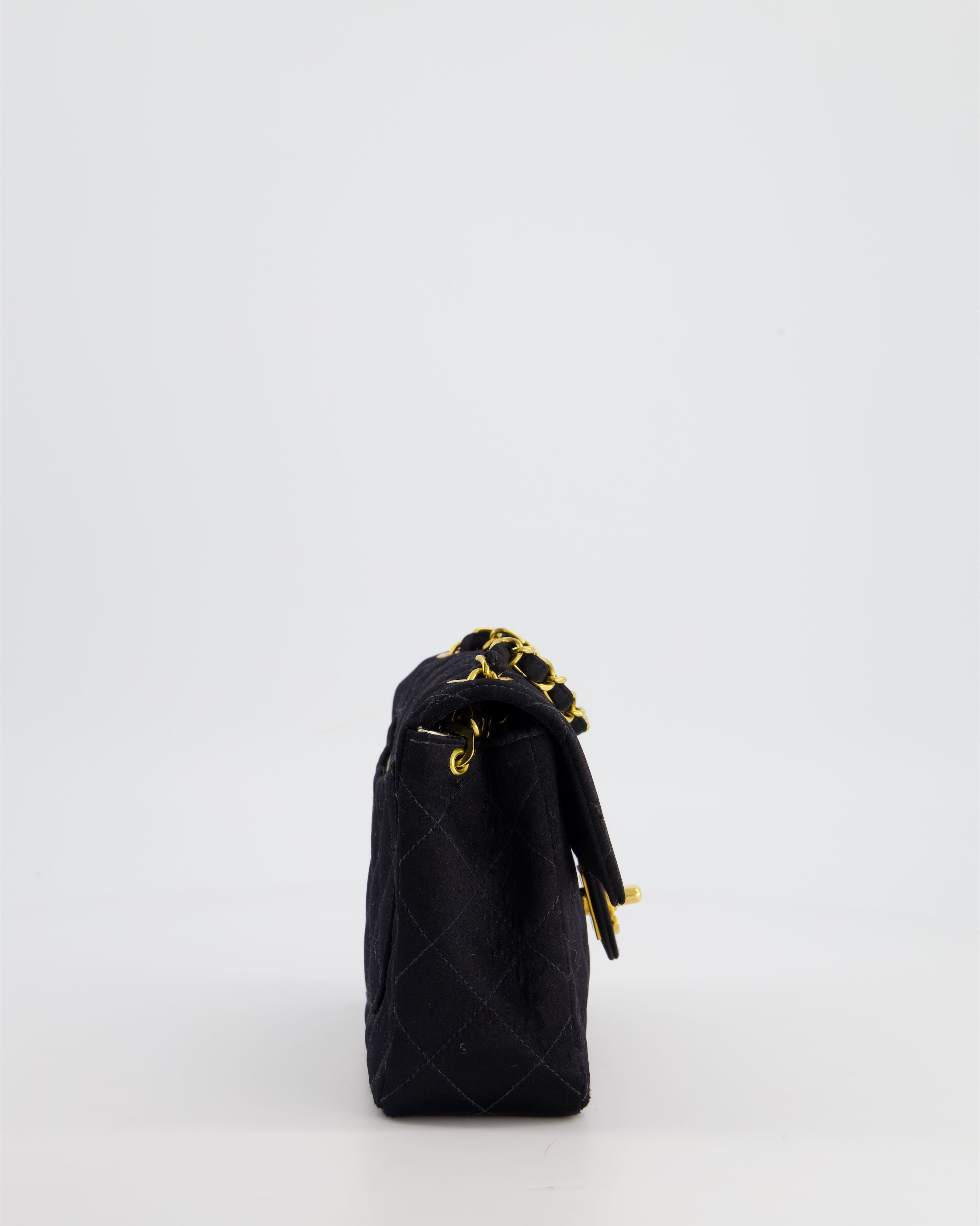 Chanel Vintage Satin Black Mini Square Flap Bag with 24K Gold Hardware