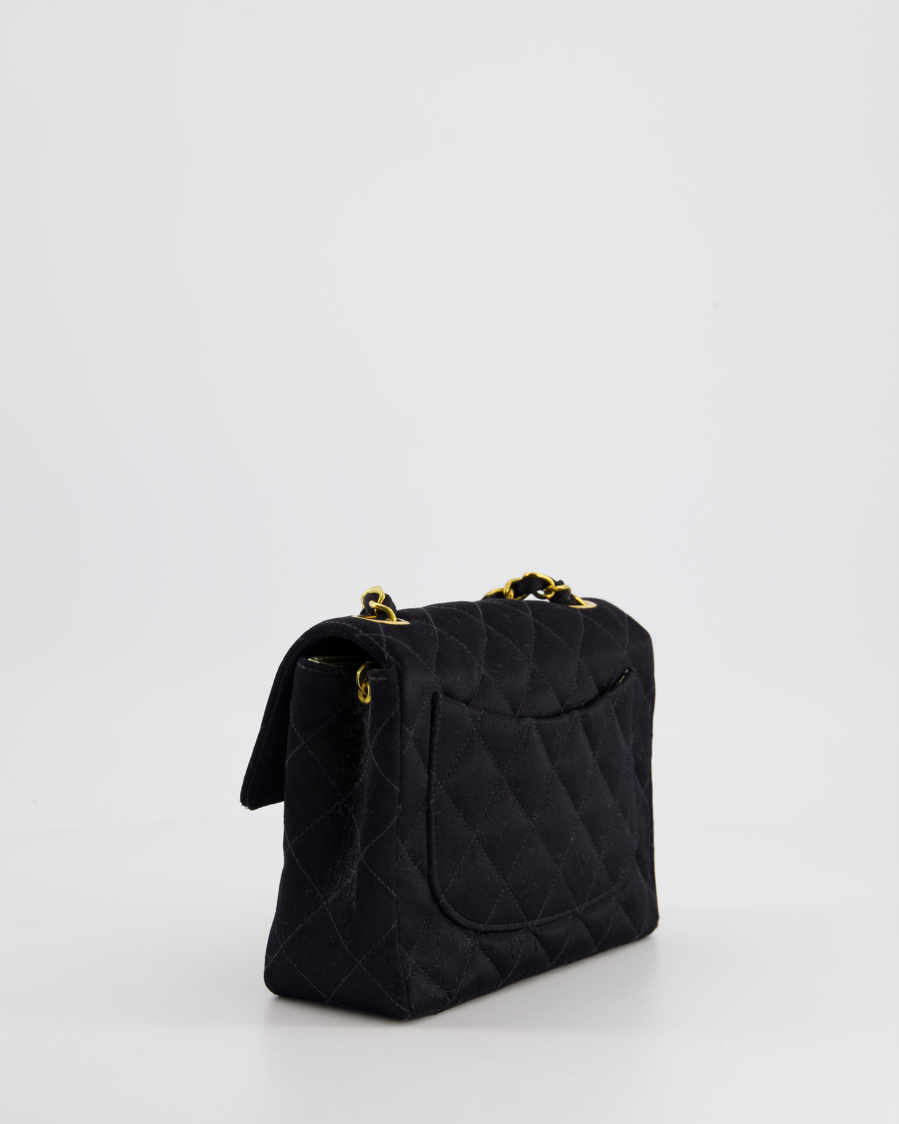 Chanel Vintage Satin Black Mini Square Flap Bag with 24K Gold Hardware