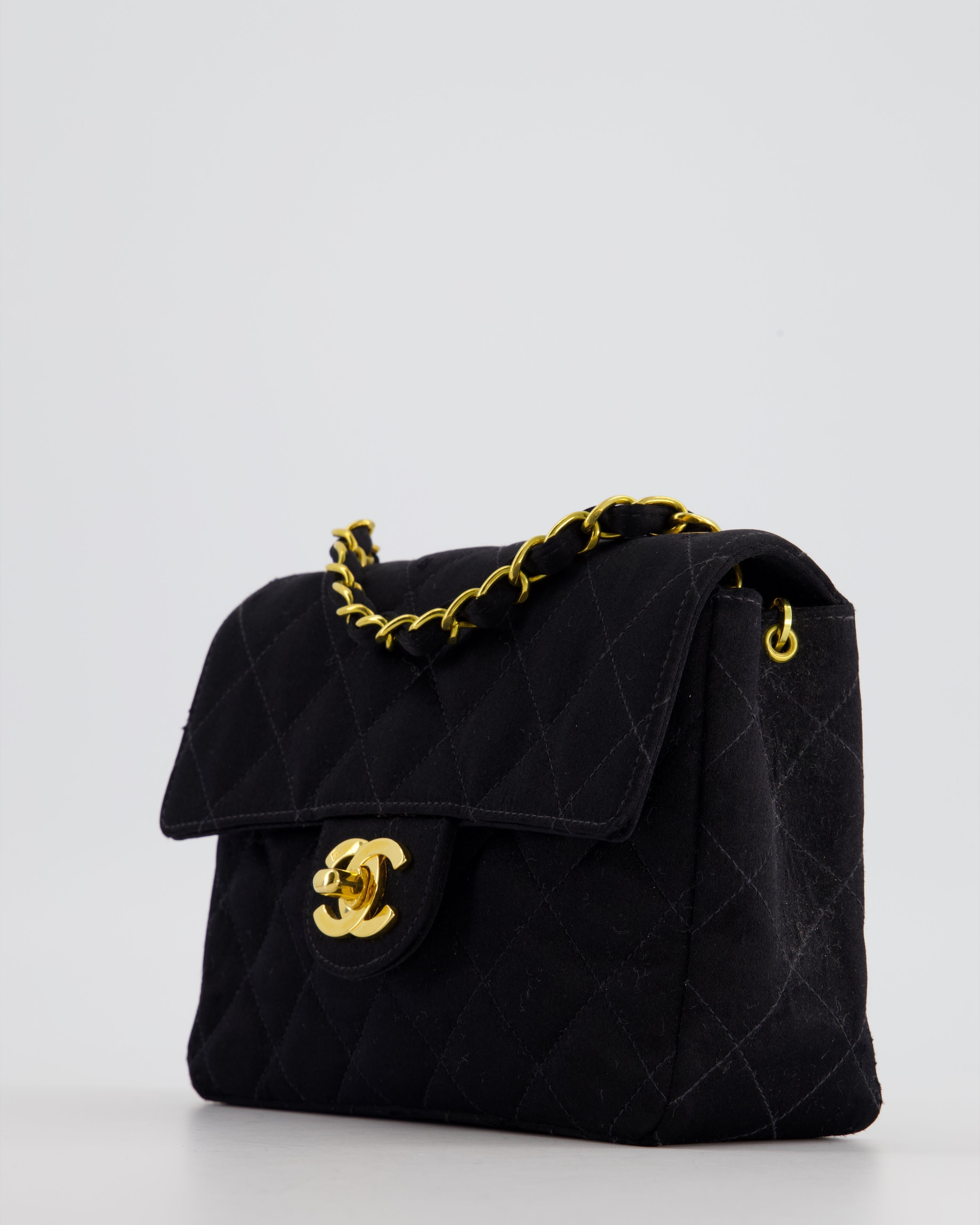 Chanel Vintage Satin Black Mini Square Flap Bag with 24K Gold Hardware