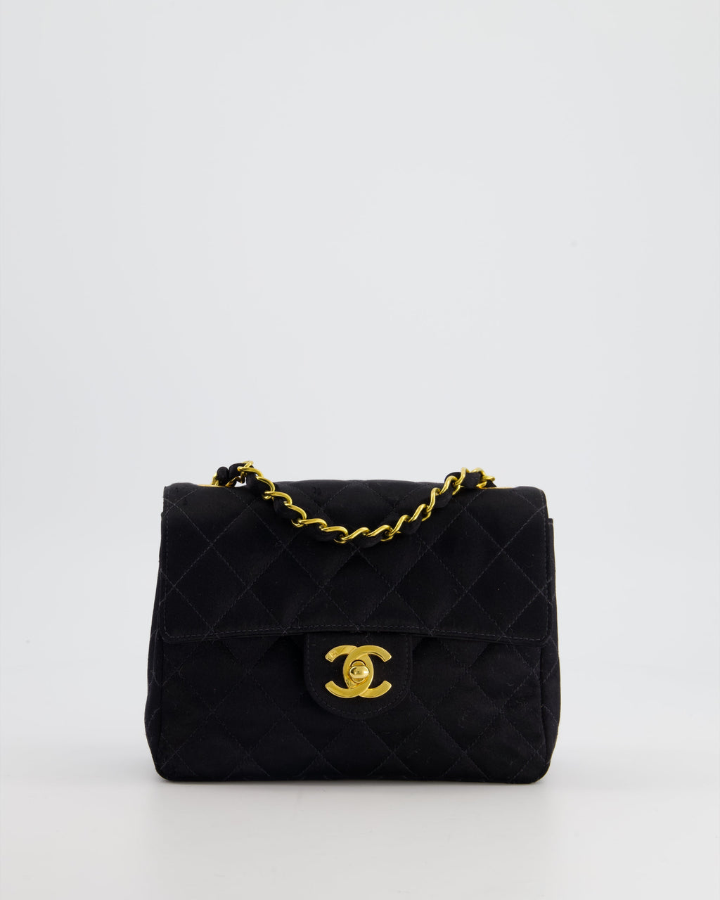 Chanel Vintage Satin Black Mini Square Flap Bag with 24K Gold Hardware