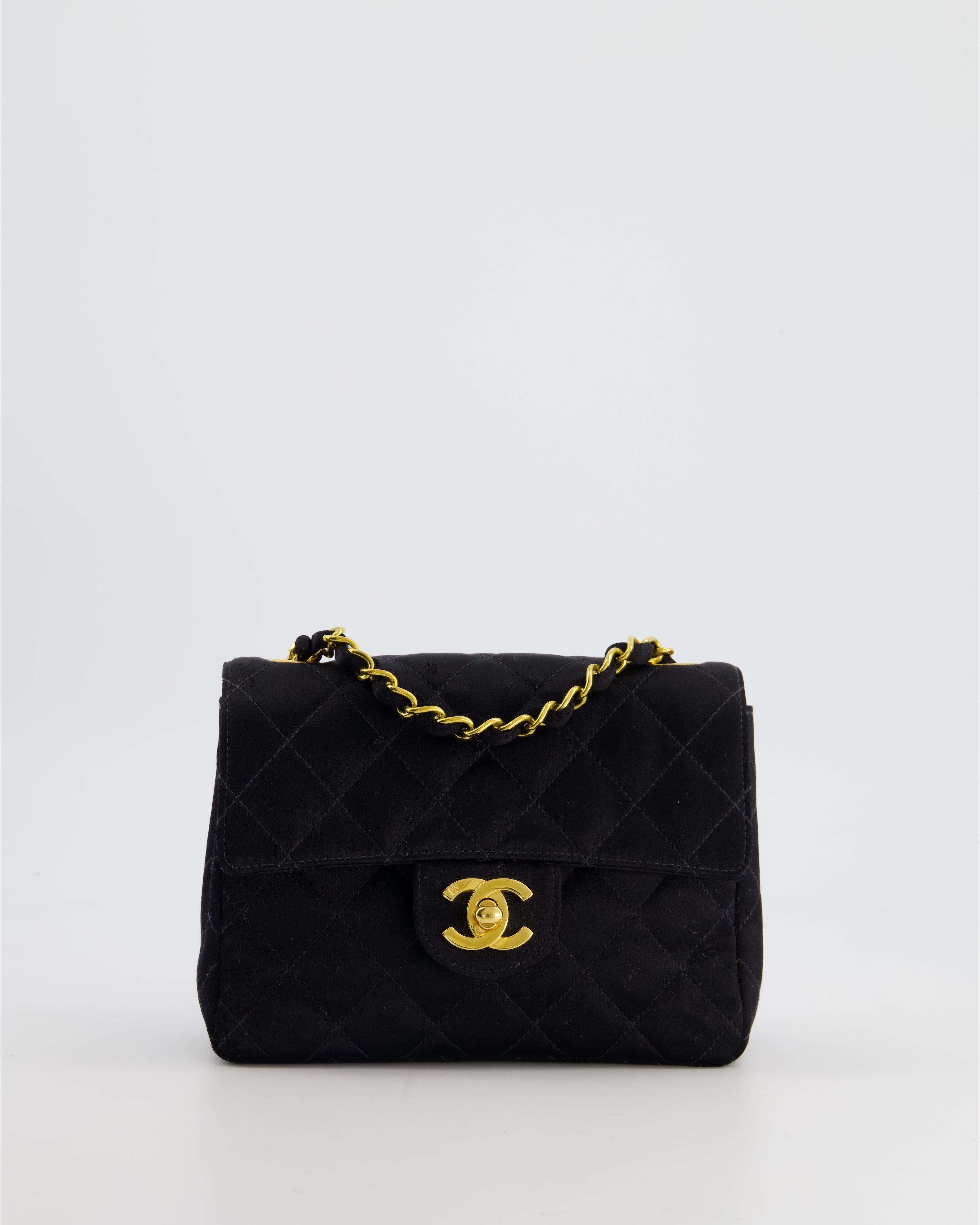 Chanel Vintage Satin Black Mini Square Flap Bag with 24K Gold Hardware