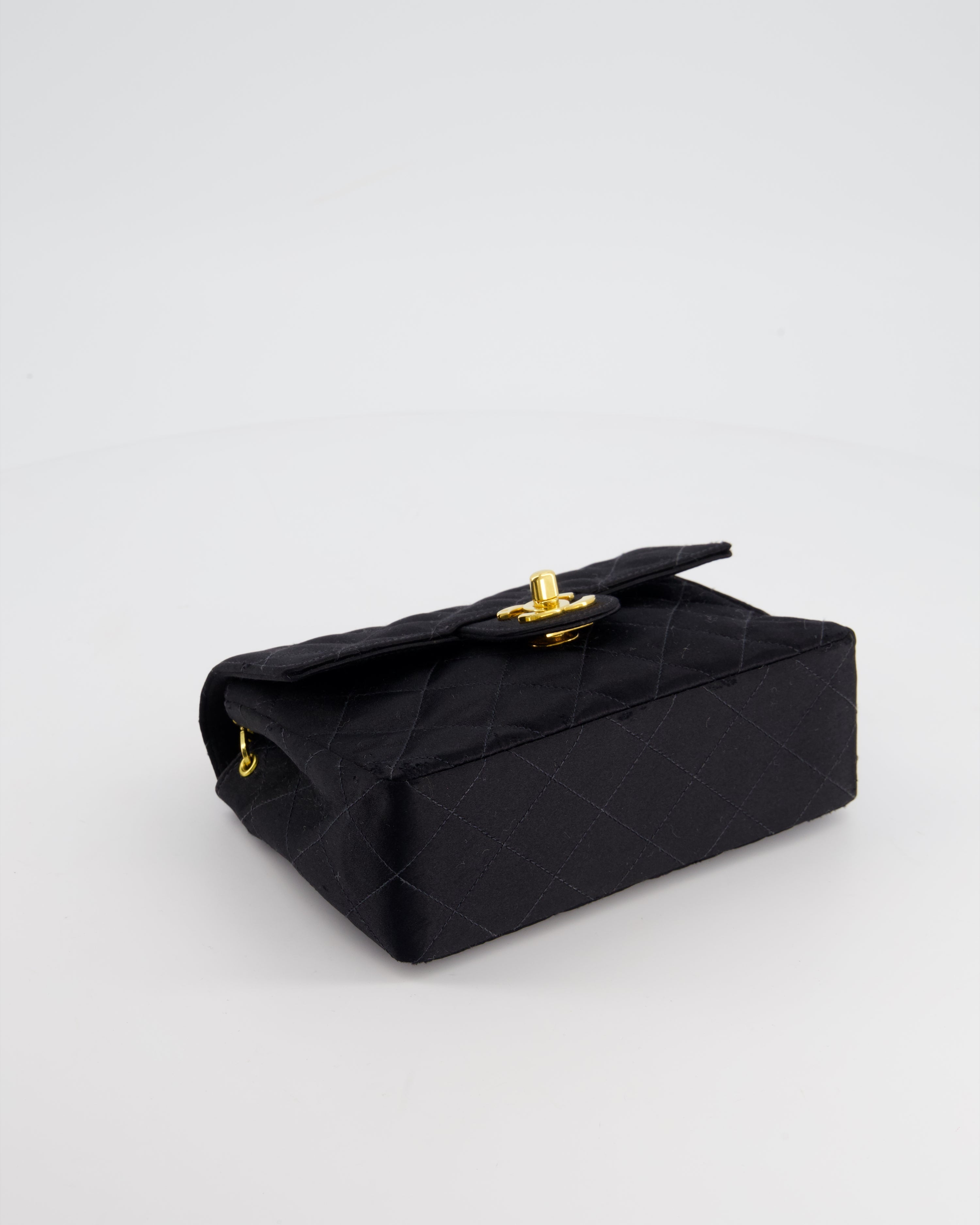 Chanel Vintage Satin Black Mini Square Flap Bag with 24K Gold Hardware