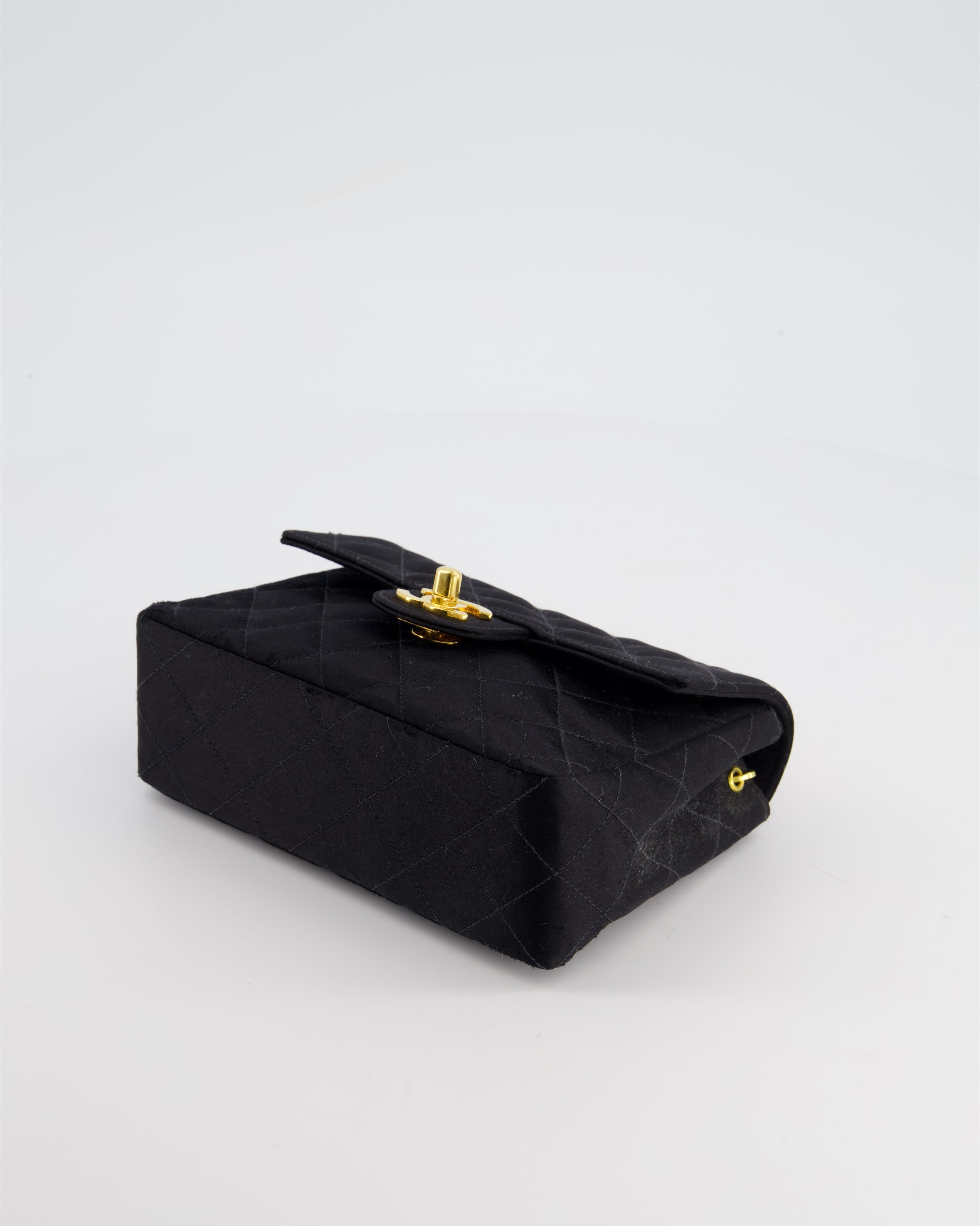 Chanel Vintage Satin Black Mini Square Flap Bag with 24K Gold Hardware