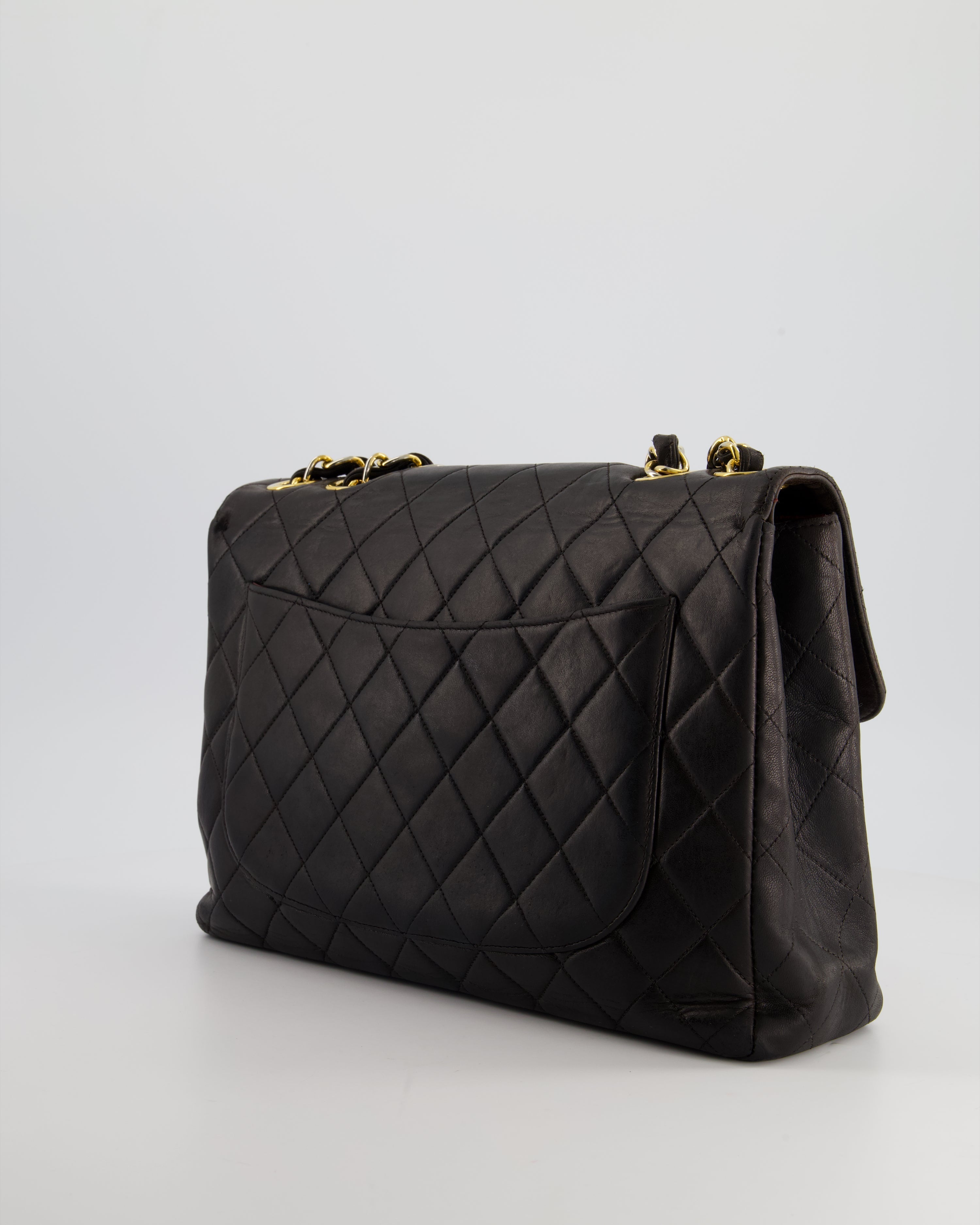 Chanel Black Vintage Maxi Mademoiselle Single Flap Bag in Lambskin with 24K Gold Hardware