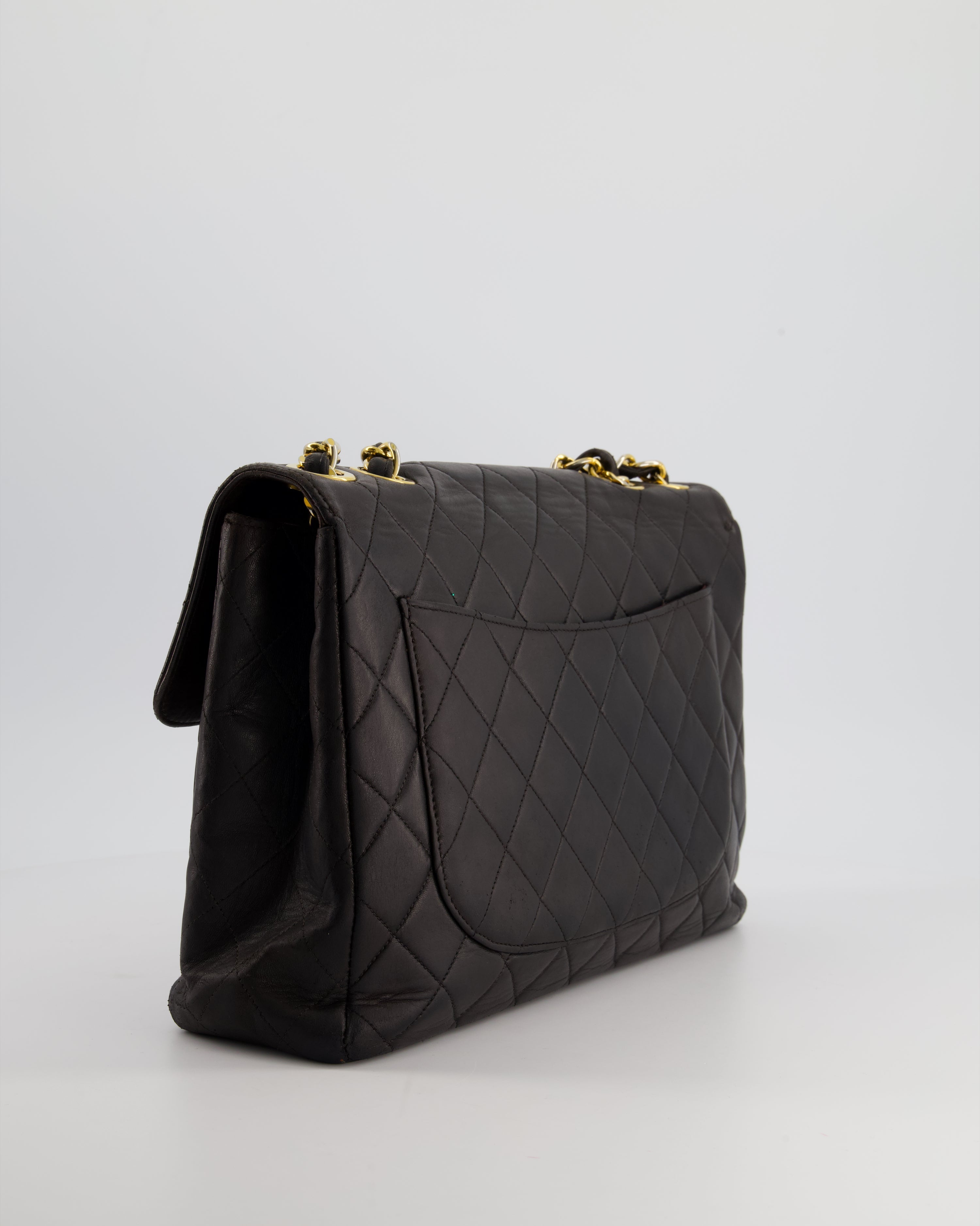 Chanel Black Vintage Maxi Mademoiselle Single Flap Bag in Lambskin with 24K Gold Hardware